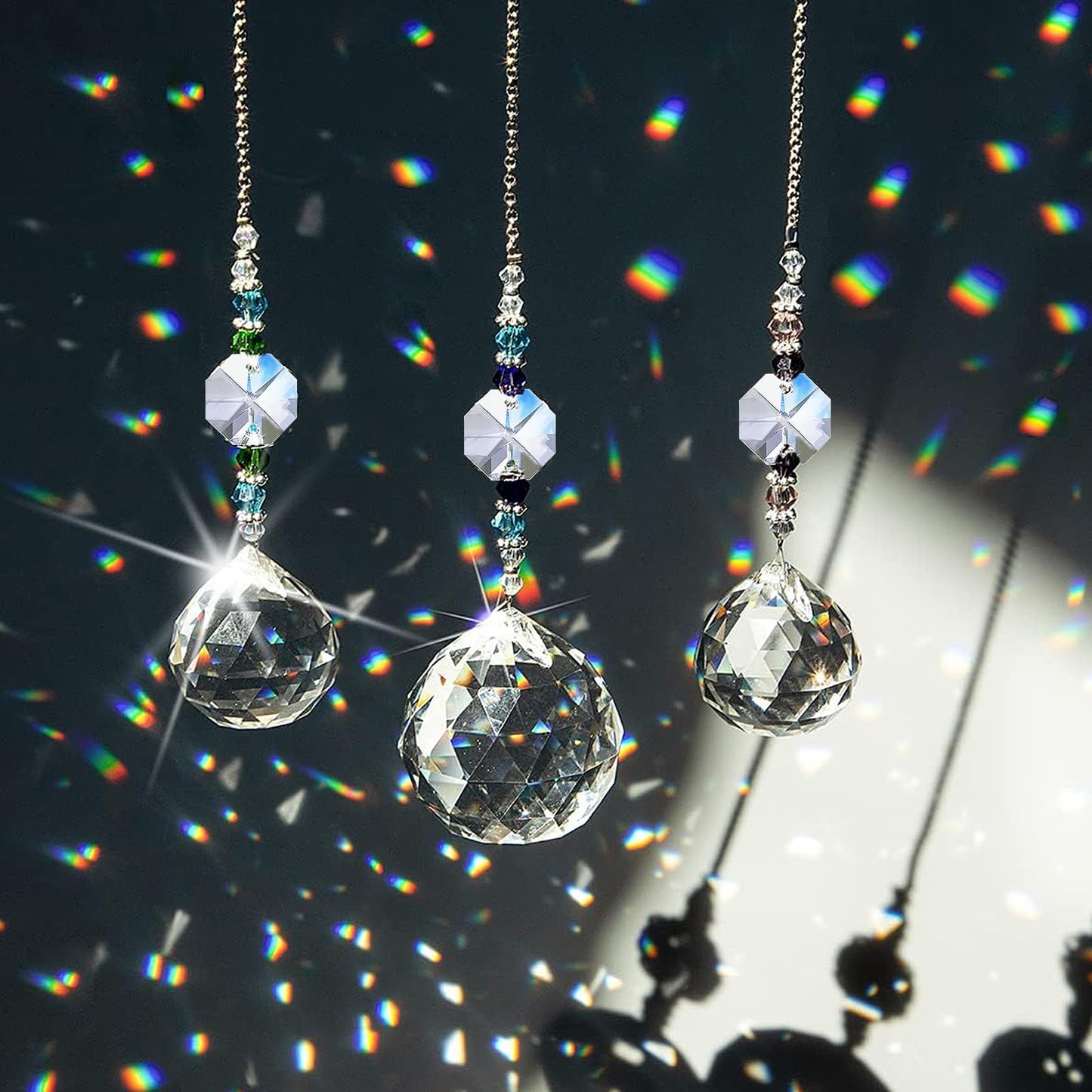 Worldity 60 Pack Chandelier Crystals Replacement, 40mm 20mm 13mm Prism Crystal Ball, Crystal Prisms for Chandeliers, Clear Crystals for Suncatchers Wedding Lamp Windows Christmas Tree Decoration