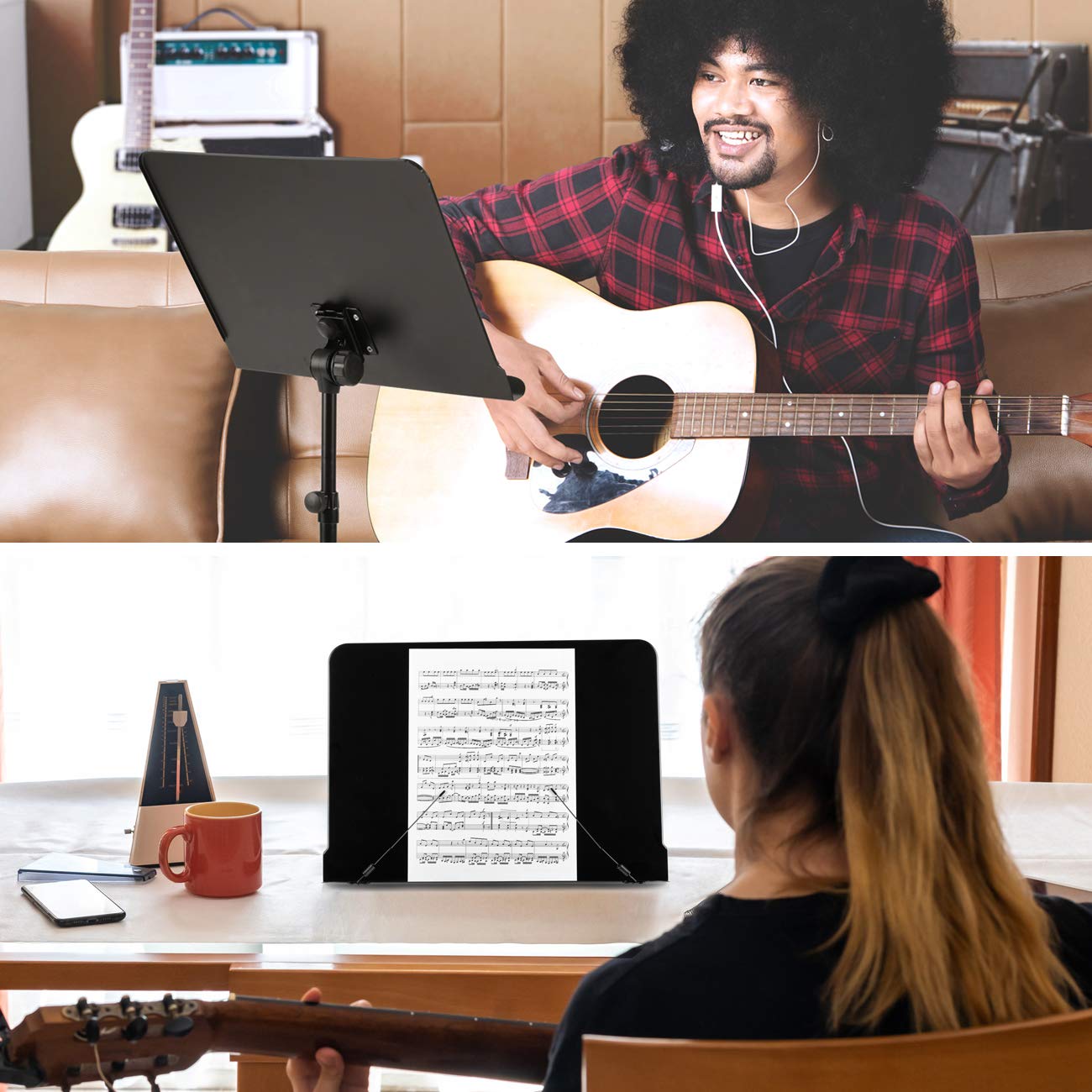 CAHAYA 5 in 1 Dual-use Sheet Music Stand & Desktop Book Stand Metal Portable Solid Back with Book Stand Support, Carrying Bag, Sheet Music Folder & Clip, Laptop Bible Book Tablet Stand CY0194