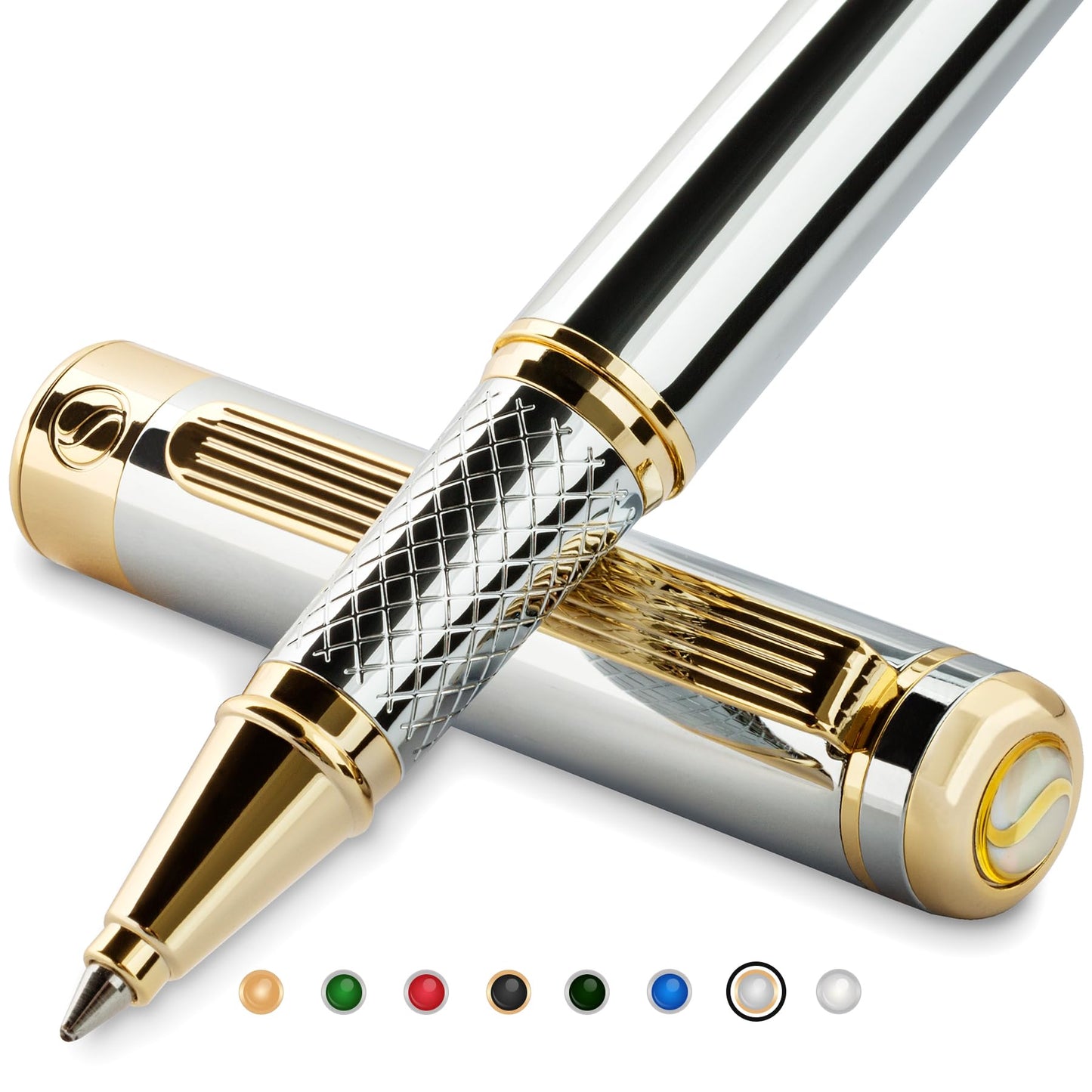 Scriveiner Silver Chrome Rollerball Pen - Stunning Luxury Pen with 24K Gold Finish, Schmidt Ink Refill, Best Roller Ball Pen Gift Set for Men & Women, Professional, Executive Office, Nice Pens