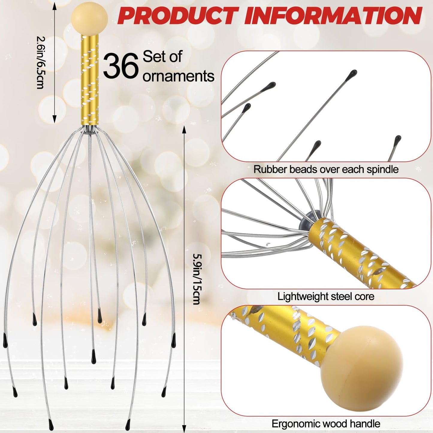 Soaoo 36 Pcs Scalp Massager Manual Head Massager Christmas Relaxing Gifts Handheld Steel Wire Head Scratcher with Wooden Handle for Body Home Office Spa Stress Relief Relaxation Women Men Gift