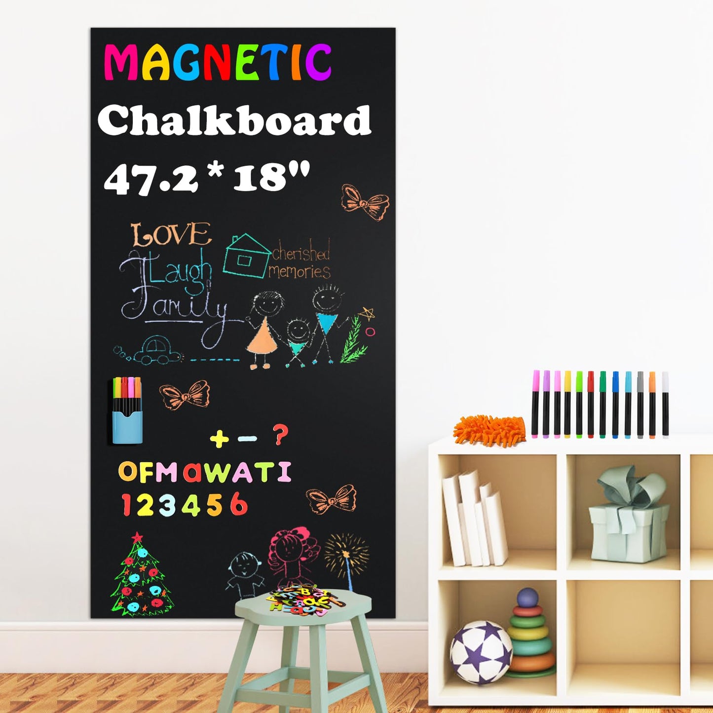 Magnetic Chalkboard Contact Paper for Wall, 47.2" x 18" Self-Adhesive Magnet Wall Sheet with 79 Magnetic Letters and 12 Colors Chalk Markers, Magnetic Wallpaper Stickers