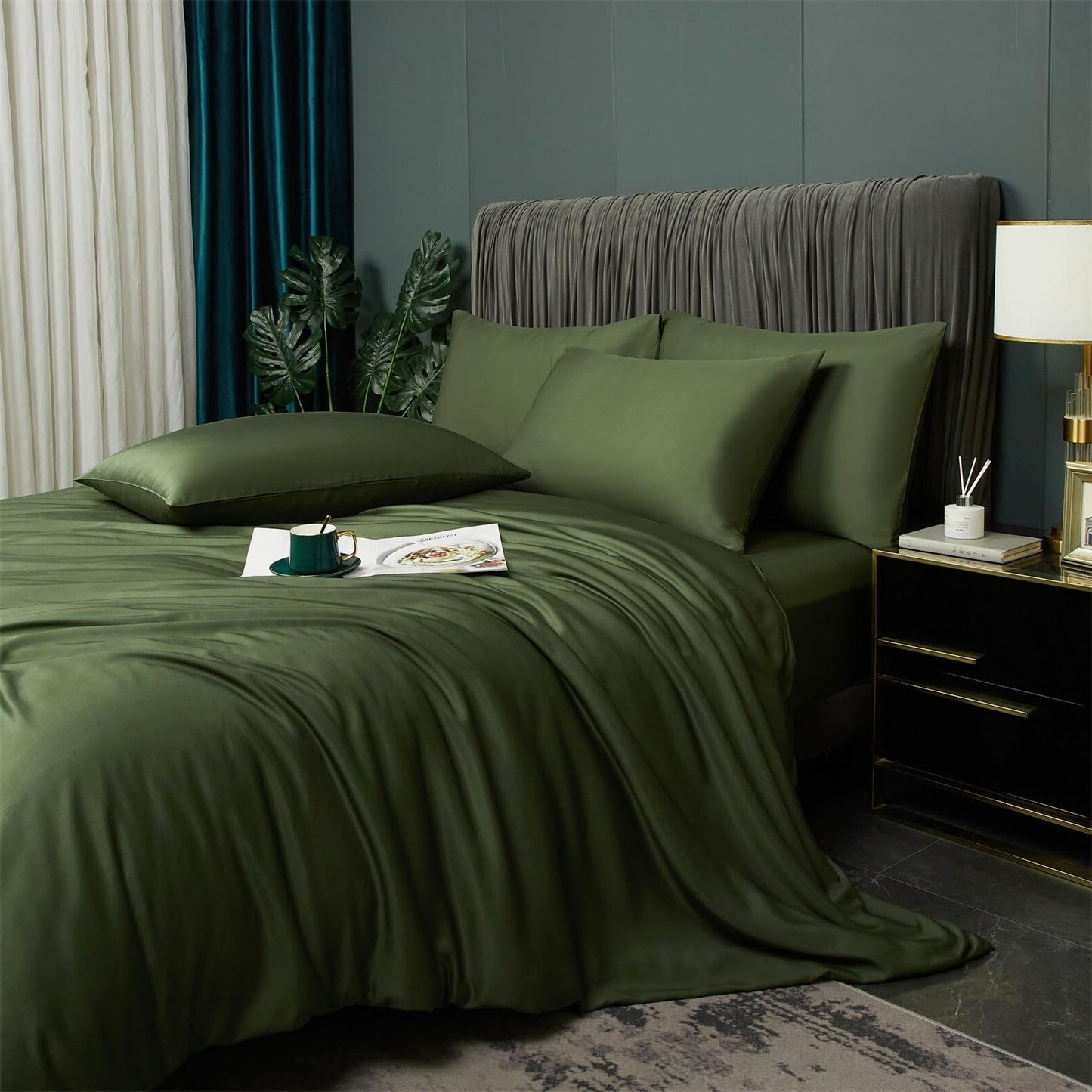 YASMENG Bamboo Cooling Duvet Cover King Set Olive Green, 100% Organic Viscose Derived from Bamboo Bedding Set, Luxury Silky Soft Breathable Skin-Friendly Pure Bamboo Comforter Cover for Hot Sleepers