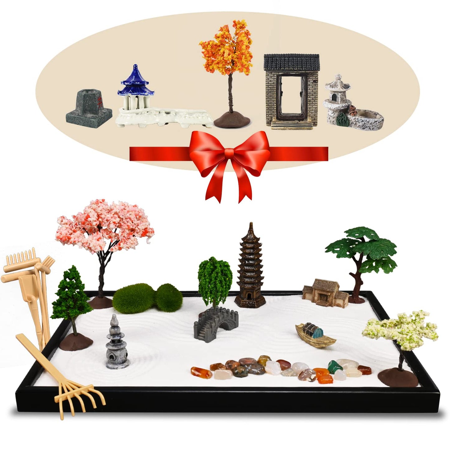 14" x 10" Large Japanese Zen Garden Kit for Desk – Includes 25+ Accessories: Sand Tray, Rake, Trees, Incense Burner, Bridge, Well, Door – Calming Decor Gift for Women, Mindfulness & Stress Relief