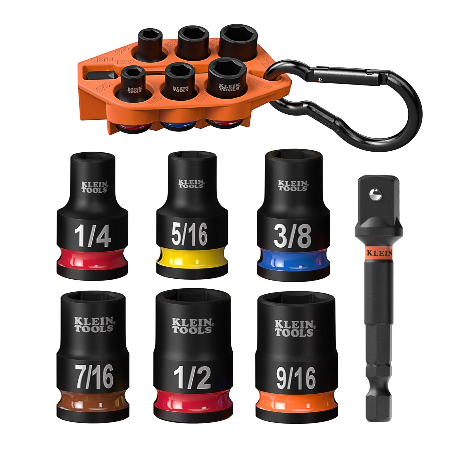 Klein Tools 33808 Grab-and-Go Impact Socket Set, SAE, 7-Piece Set with Sleeve, Carabiner, and 3/8-Inch Drive, Color-Coded 1/4, 5/16, 3/8, 7/16, 1/2, and 9/16-Inch Sockets
