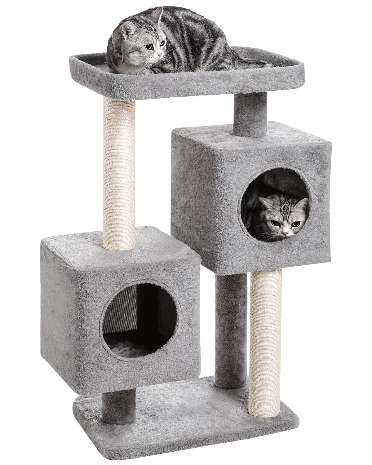 Cat Tree for Indoor Cats, Komicoll 36 Inch Tall Cat Tower with 2 Cat Condos and Large Plush Perch with Sisal Scratching Post,Pom poms Hanging Balls, Cat Climbing for Cats Indoor, Gray