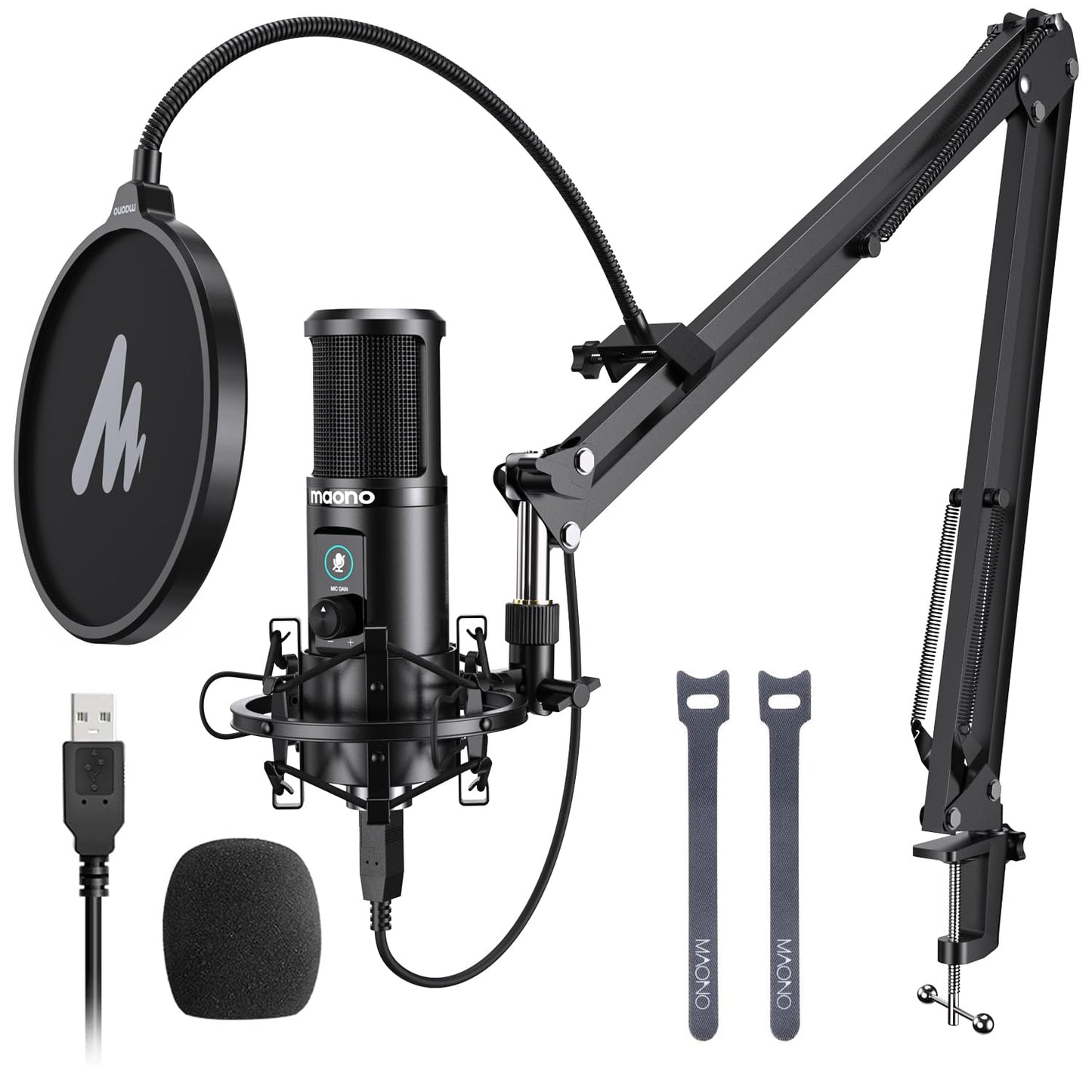 USB Microphone with One-Touch Mute and Mic Gain Knob MAONO AU-PM421 Professional Cardioid Condenser Podcast Mic for Online Teaching, Meeting, Livestreaming, Gaming, Broadcasting