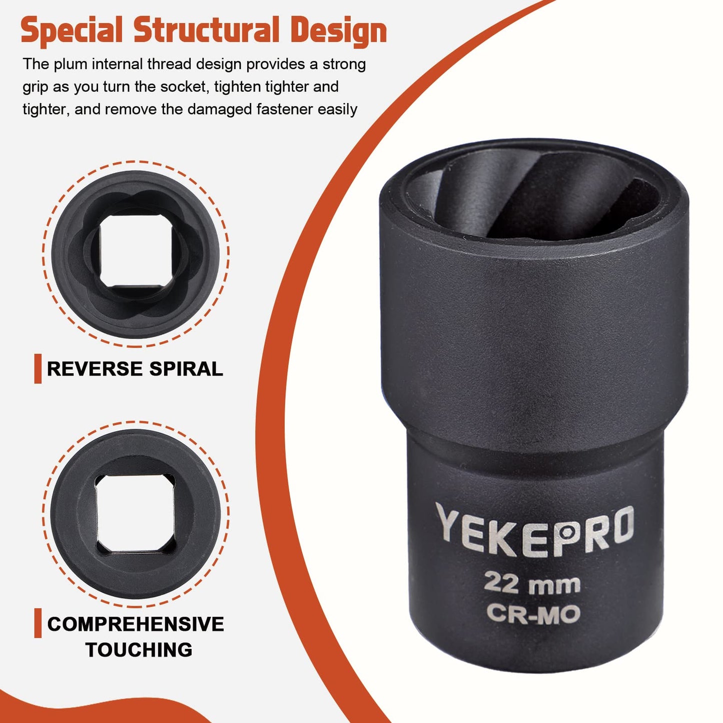YEKEPRO 10Pcs Bolt Nut Extractor Set, 1/2" Drive Impact Twist Lug Nut Removal Socket Tool, Stripped for Damaged, Frozen, Studs, Rusted, Rounded-Off Bolts, Nuts & Screws, Cr-Mo Steel, T12210