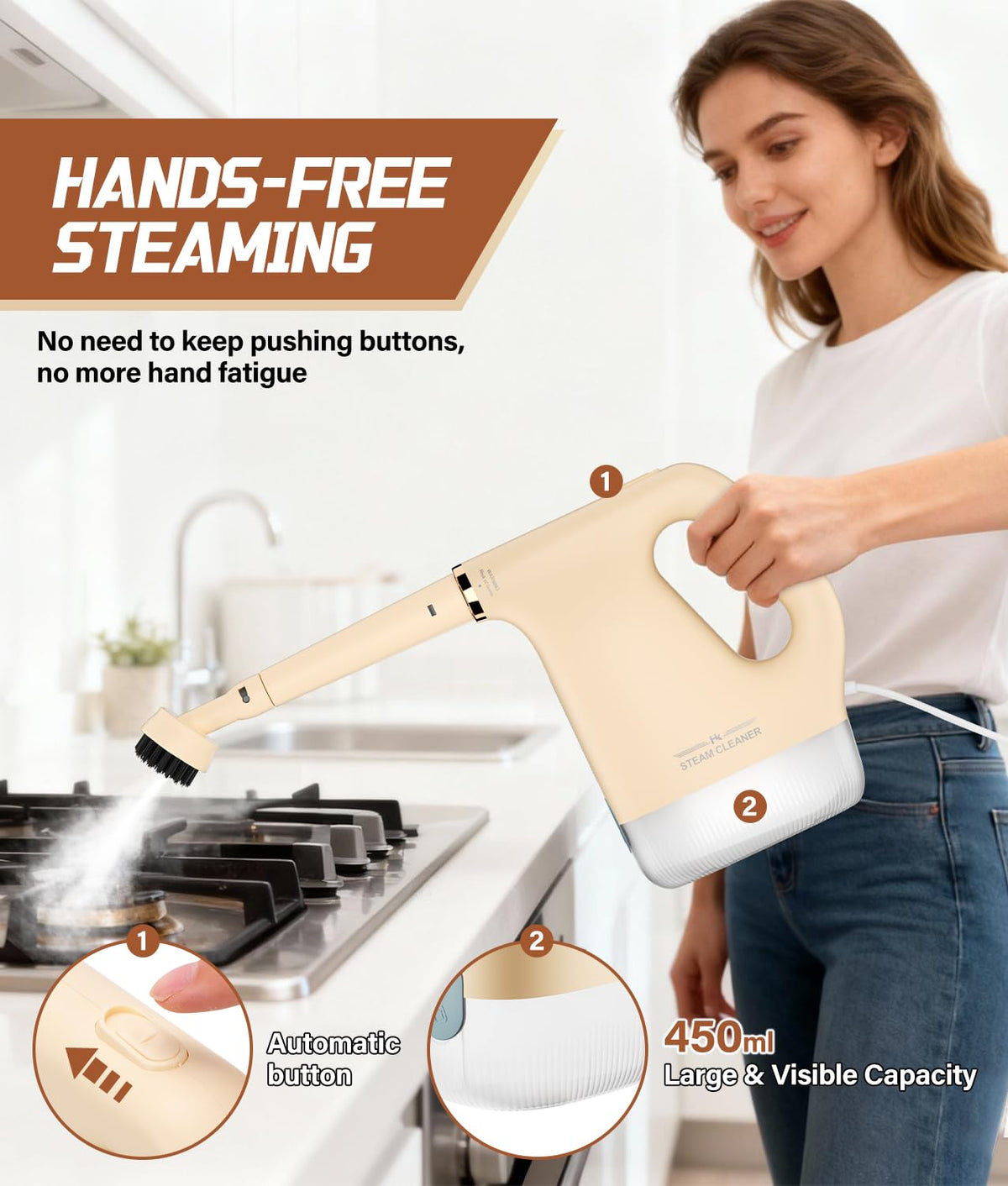HK Newly Upgraded Handheld Steam Cleaner, 1200W 20s Fast Heating Steam Cleaner with 450ml Visualization Tank, 16-Piece Accessories, for Kitchen, Bathroom, Furniture, Tile, Floor, Car, Sofa, Window