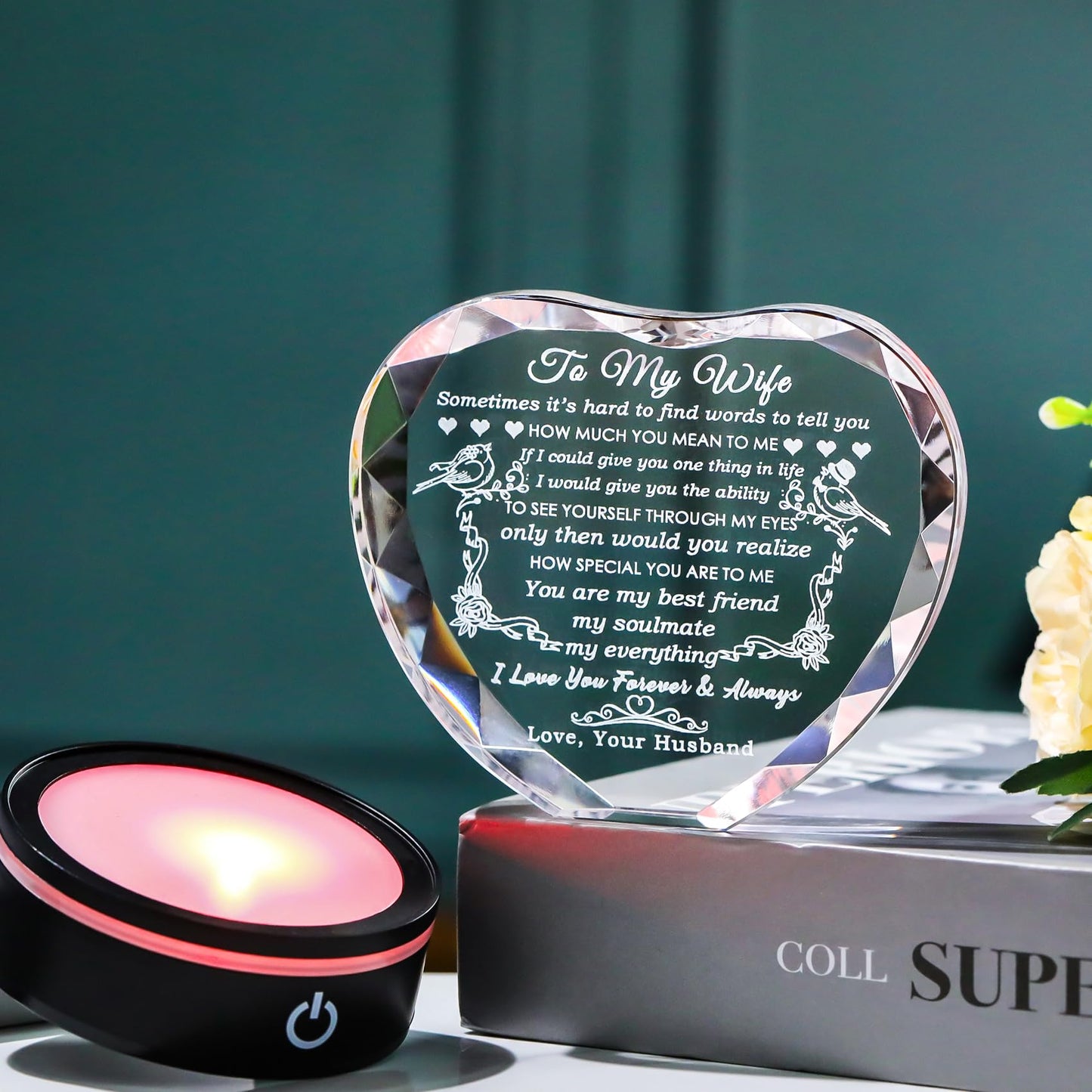 YWHL Gifts for Wife: Crystal Heart Keepsakes with LED Base - I Love You Gifts for Her from Husband