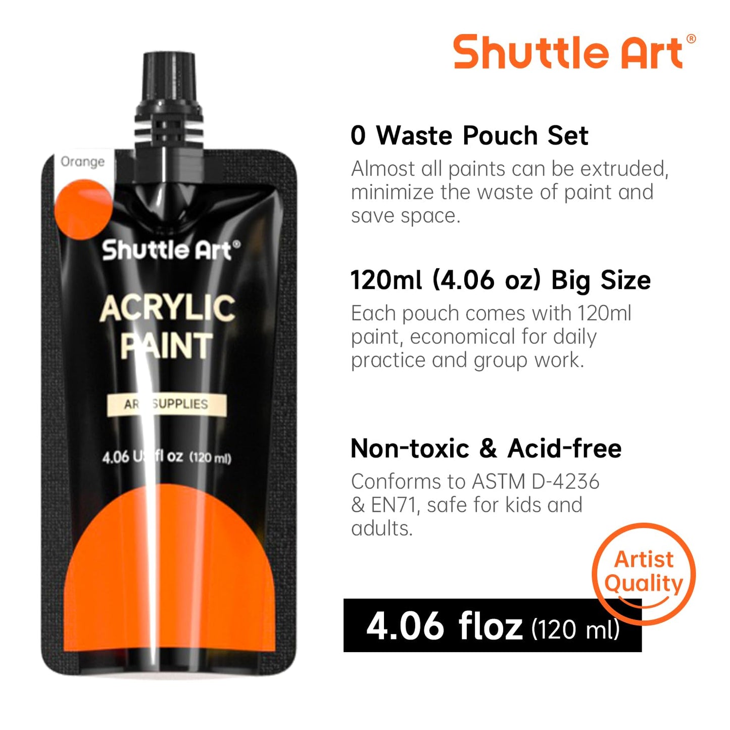 Shuttle Art Acrylic Paint, 18 Colors Acrylic Paint Pouches (120ml/4.06oz), Artist Grade Acrylic Paint Set, Rich Pigments, Non-Toxic for Artists, Beginners and Kids on Rocks Crafts Canvas Wood Ceramic