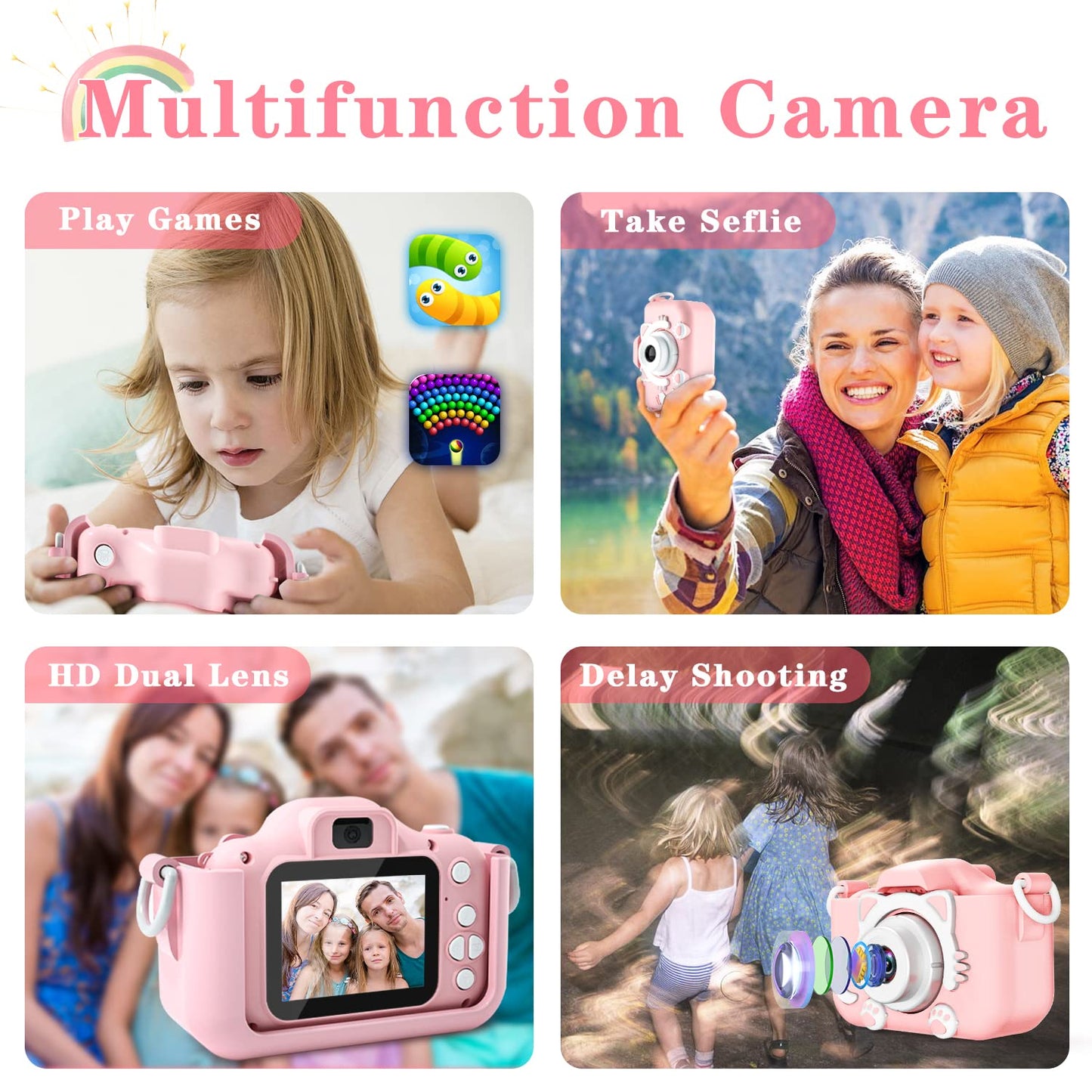 CIMELR Kids Camera Toys for 3 4 5 6 7 8 9 10 11 12 Year Old Boys/Girls, Kids Digital Camera for Toddler with Video, Christmas Birthday Festival Gifts for Kids, Selfie Camera for Kids, 32GB SD Card