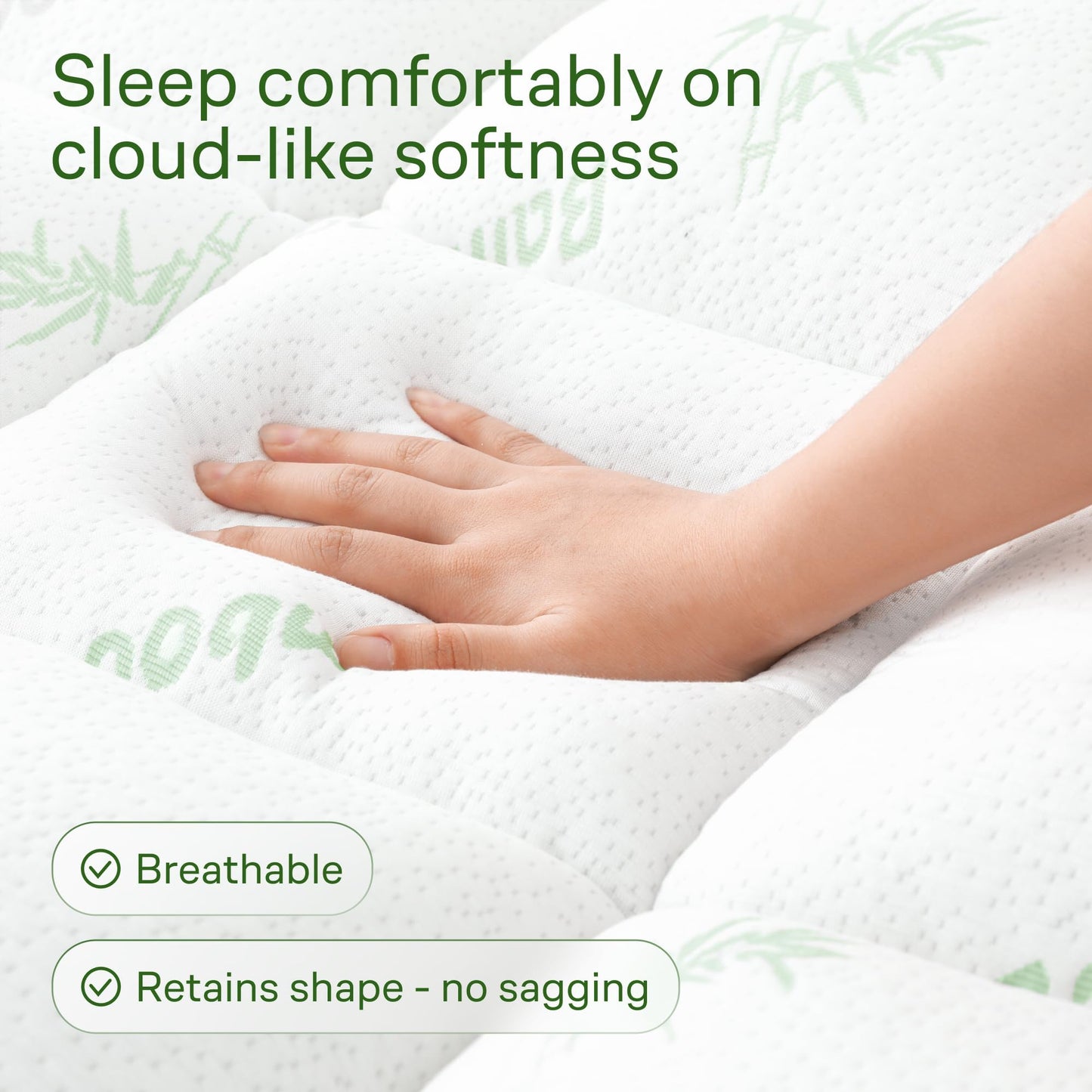 Bamboo Mattress Topper Twin Size - Thick Breathable Pillow Top Mattress Pad for Back Pain Relief - Deep Pocket Topper Fits 8-20 Inches (39x75 Inches, Green)