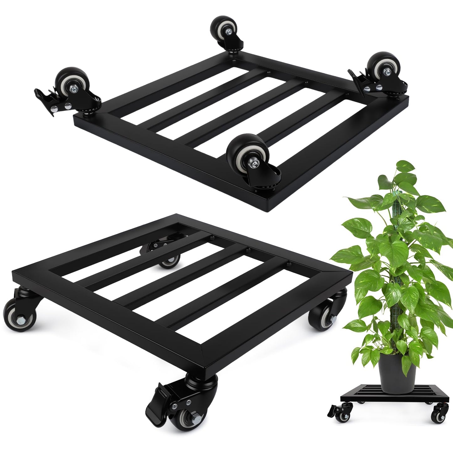 Heavy Duty Plant Caddy with Wheels, 12"x12" Rolling Plant Stand with Lockable Casters, 2-Pack Plant Rollers for Large Pots, Rust-Resistant Metal Plant Stand with Wheels, 240 lbs Load Capacity