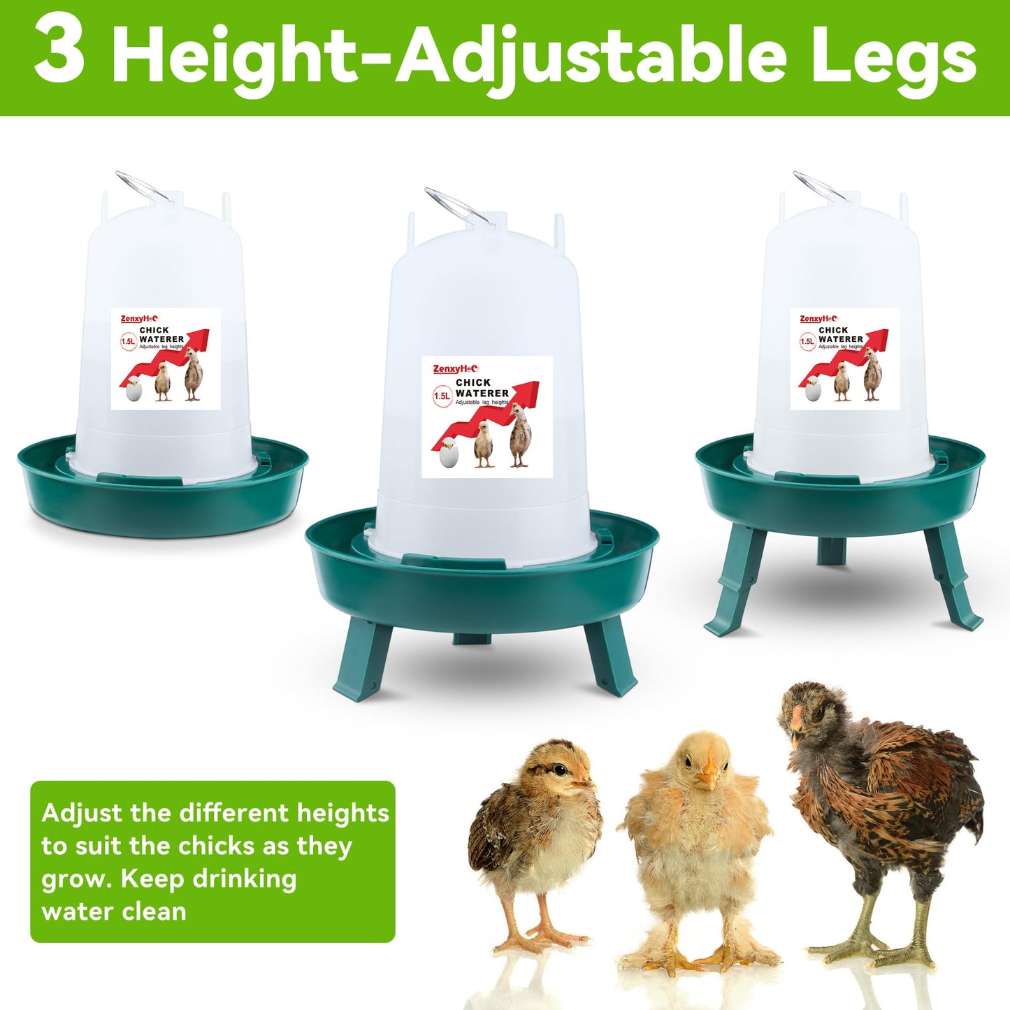 ZenxyHoC Chick Feeder and Waterer Set, 1L Feeder and 1.5L Waterer with 3 Adjustable Heights for Baby Chicken Duck Brooder