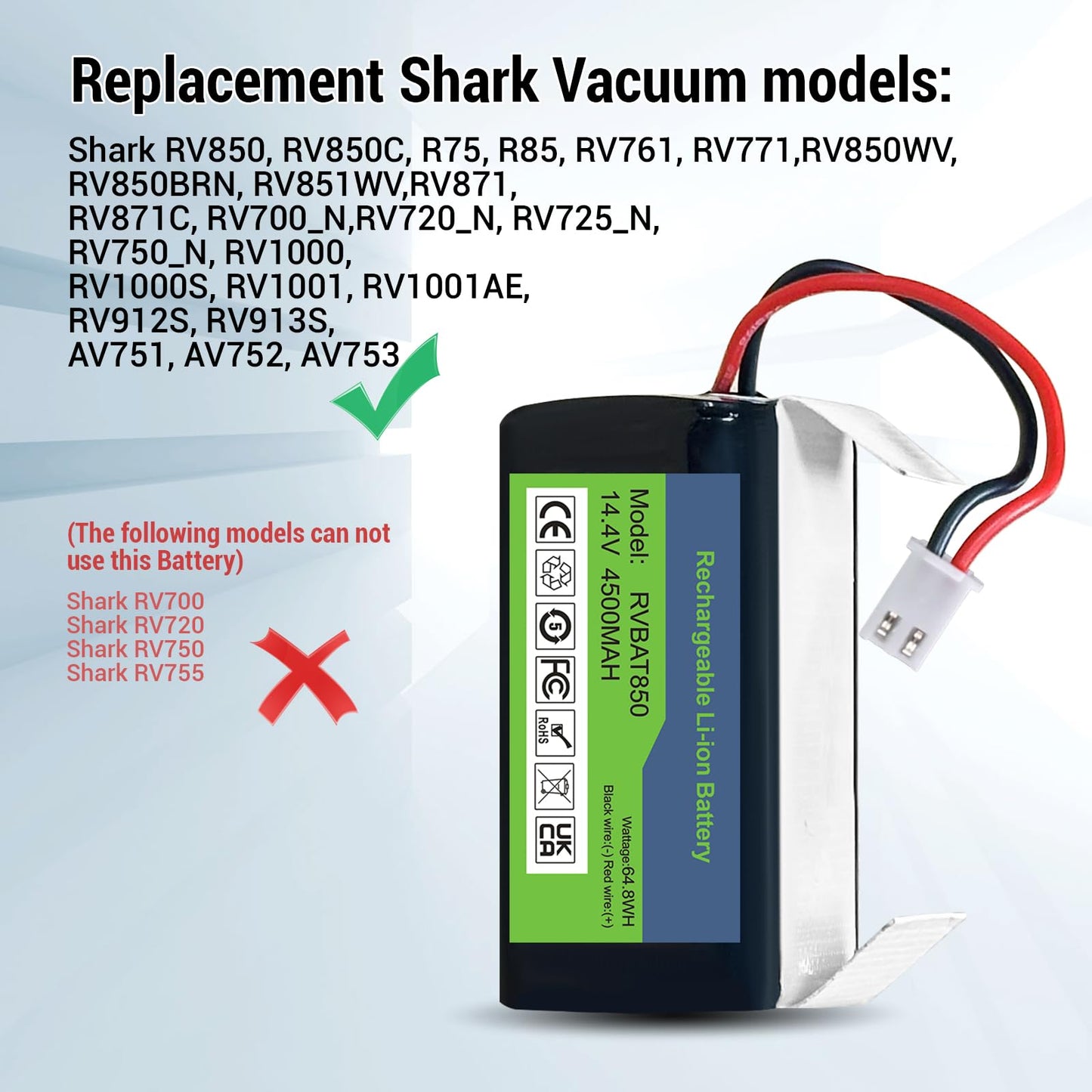 4500mAh Robot Vacuum Battery for Shark ION Series (AV1010AE, RV761-771), IQ/AI Series (RV1000-1101), RV850/RV871 Models