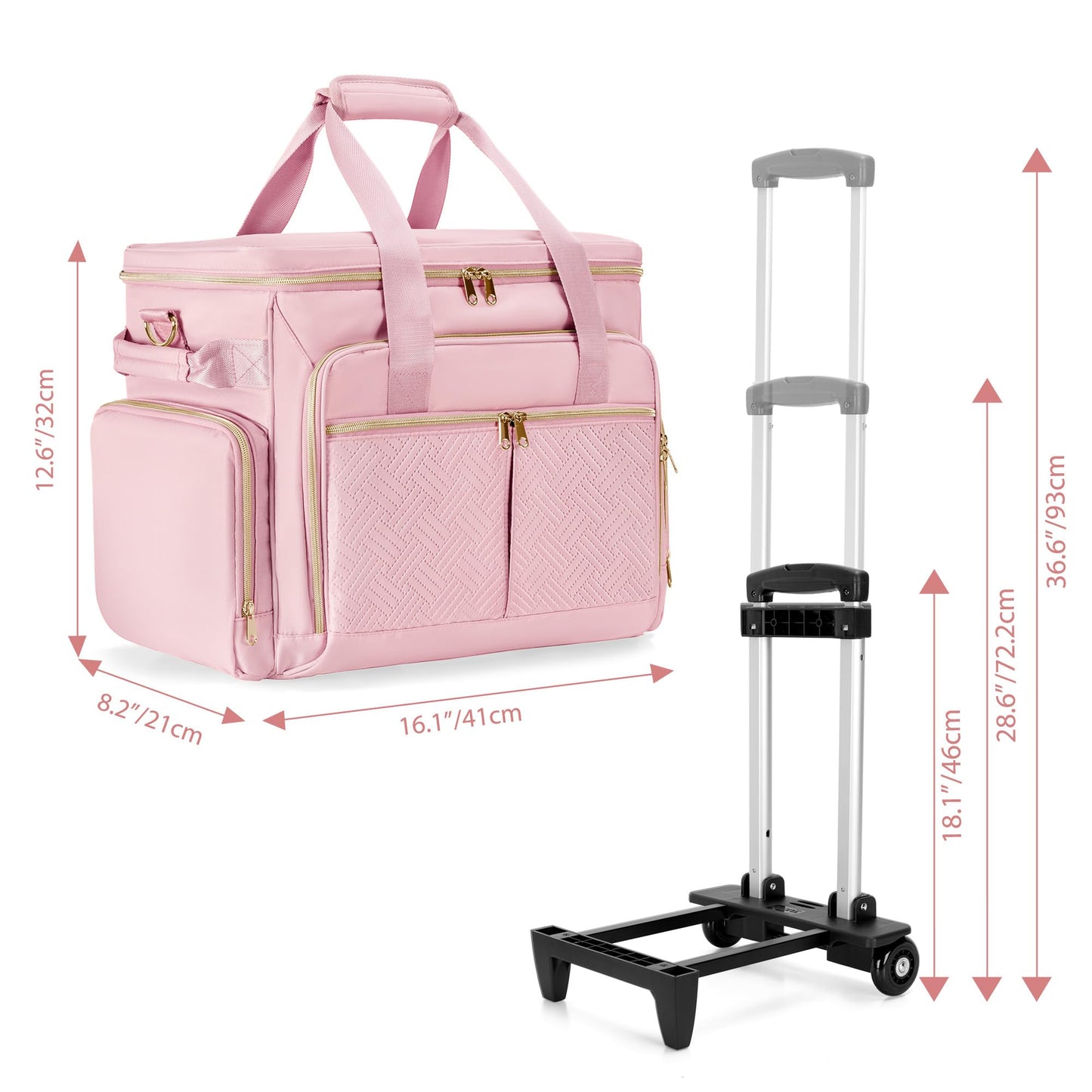 Prokva Rolling Teacher Bag with Wheels, Teacher Tote Bag with Detachable Trolley, Fits for 15.6" Laptop, Pink (Patent Design)