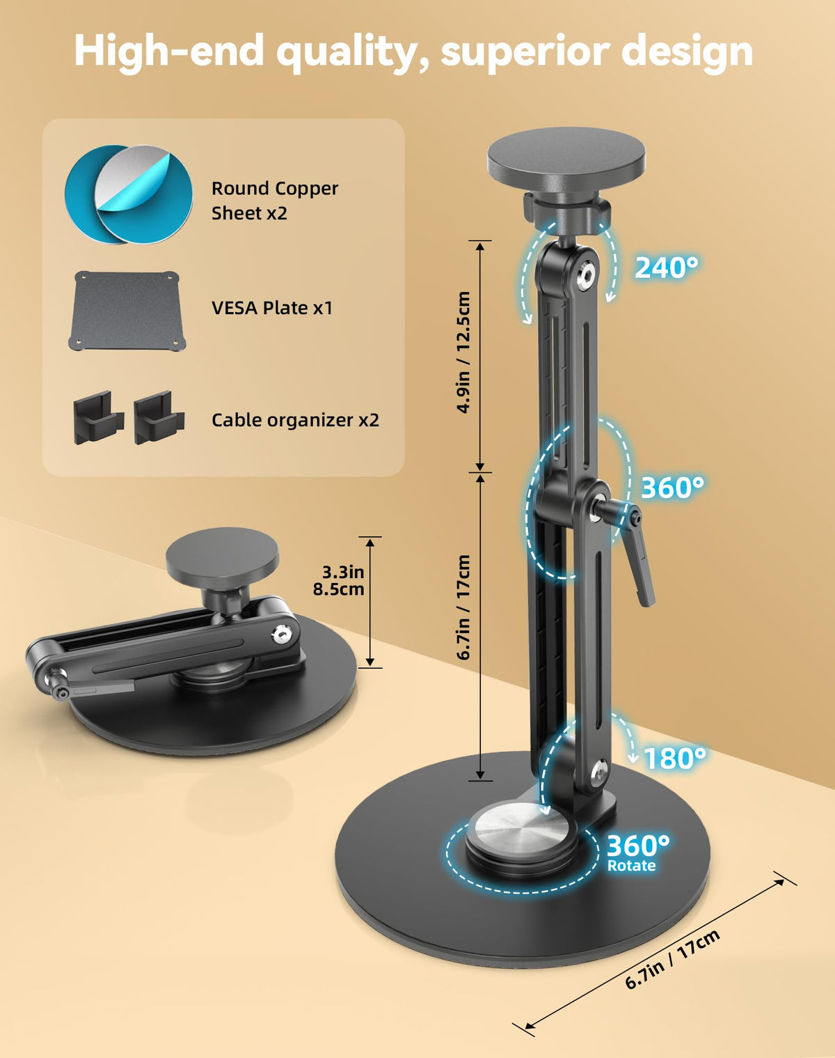 Magnetic Portable Monitor Stand 15.6" - VESA Mount 75mm 13.3" 14.1" 15.6" 17.3" 18.5 inch Screen for Desk Adjustable Foldable 360° Swivel Tool-Free