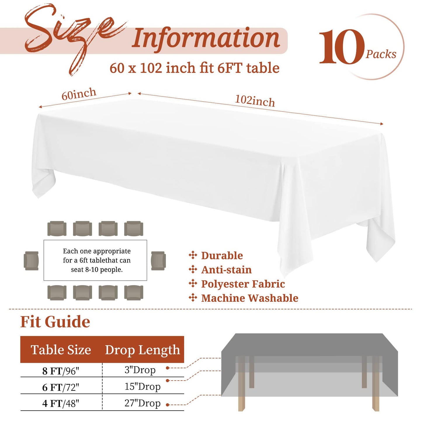 10 Pack Table Cloth White Tablecloth 60 x 102 Inch, Rectangle Table Cloth for 6 Foot Table, Wrinkle Resistant Washable Polyester Table Cover for Wedding Dining Table Buffet Parties and Camping