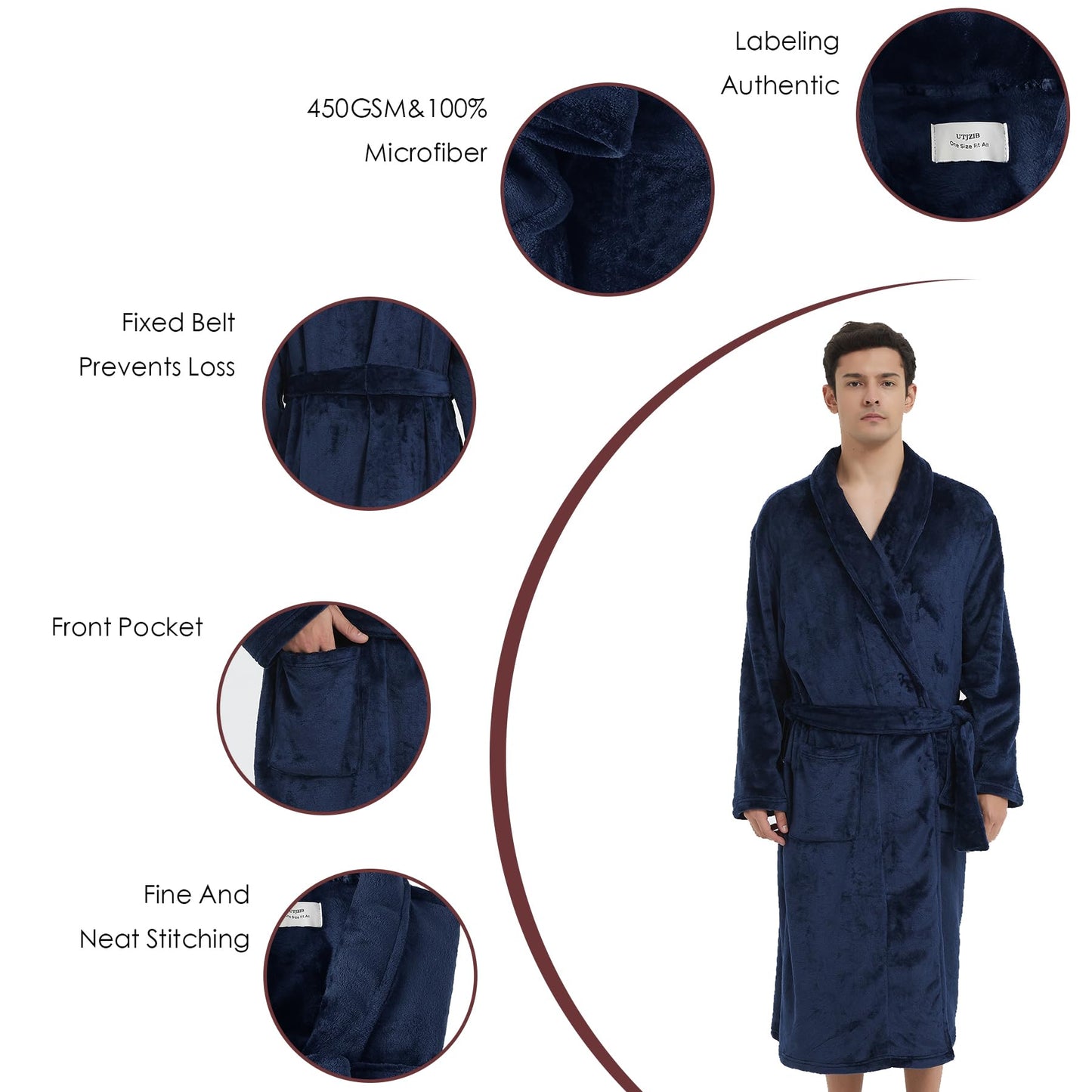 Mens Fleece Bathrobe with Shawl Collar,Soft Warm Knee Length -Mens' Plush Bathrobe- Soft Fleece Spa Bath Robe for Men