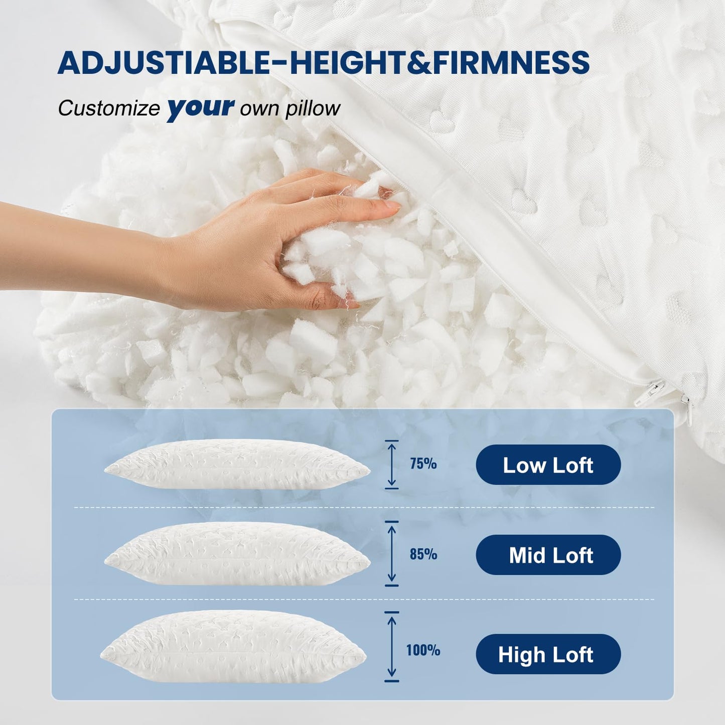 Cooling Side Sleeper Pillows for Adults, Curved Pillow for Neck and Shoulder, Shredded Memory Foam Pillows, Adjustable Crescent Pillow with Extra Fill, Queen Size Set of 2