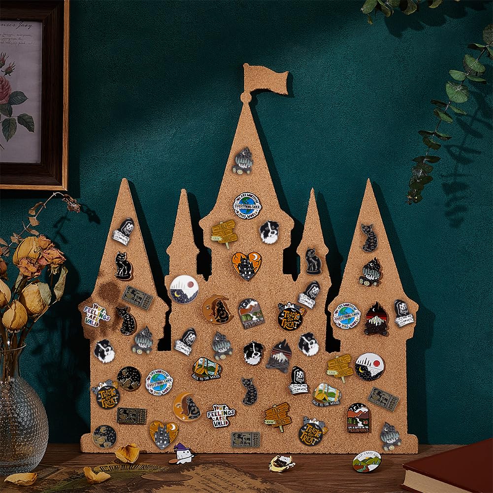BENECREAT Castle Pin Board Cork Board, 15.6x13.6 Inch Bulletin Display Board Brooch Jewelry Display Cork Tray for Brooch Pin Collection Display, Office Home and School Decor