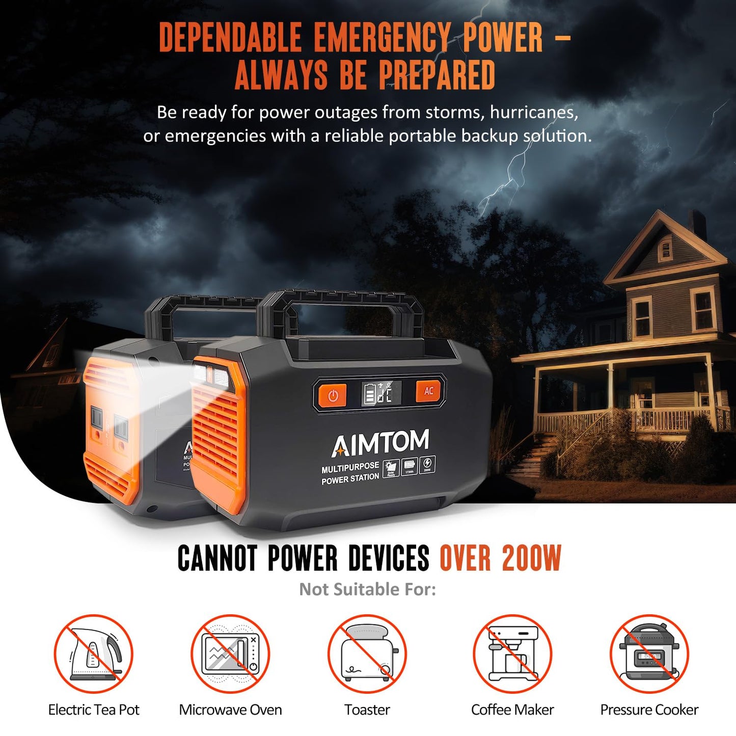 AIMTOM Portable Power Station 173Wh Lithium Battery, 200W AC Outlet (250W Surge), 18W USB-C, 2x USB-A, 2x 12V DC Outputs, LED Flashlight – Ideal for Camping, Travel, Emergency Backup, RV, Home Use
