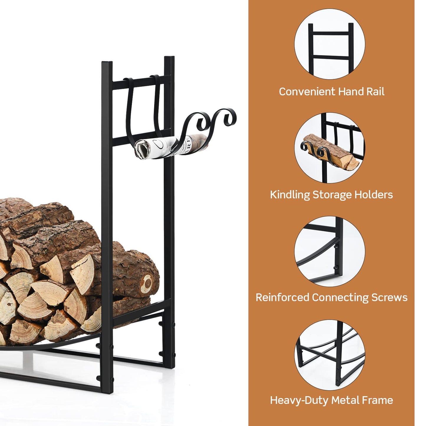 DORTALA 33'' Firewood Rack W/Removable Kindling Holder, Indoor Outdoor Steel Fireplace Wood Organizer, Easy Set-up Log Storage Stacker for Stove, Fire Pit