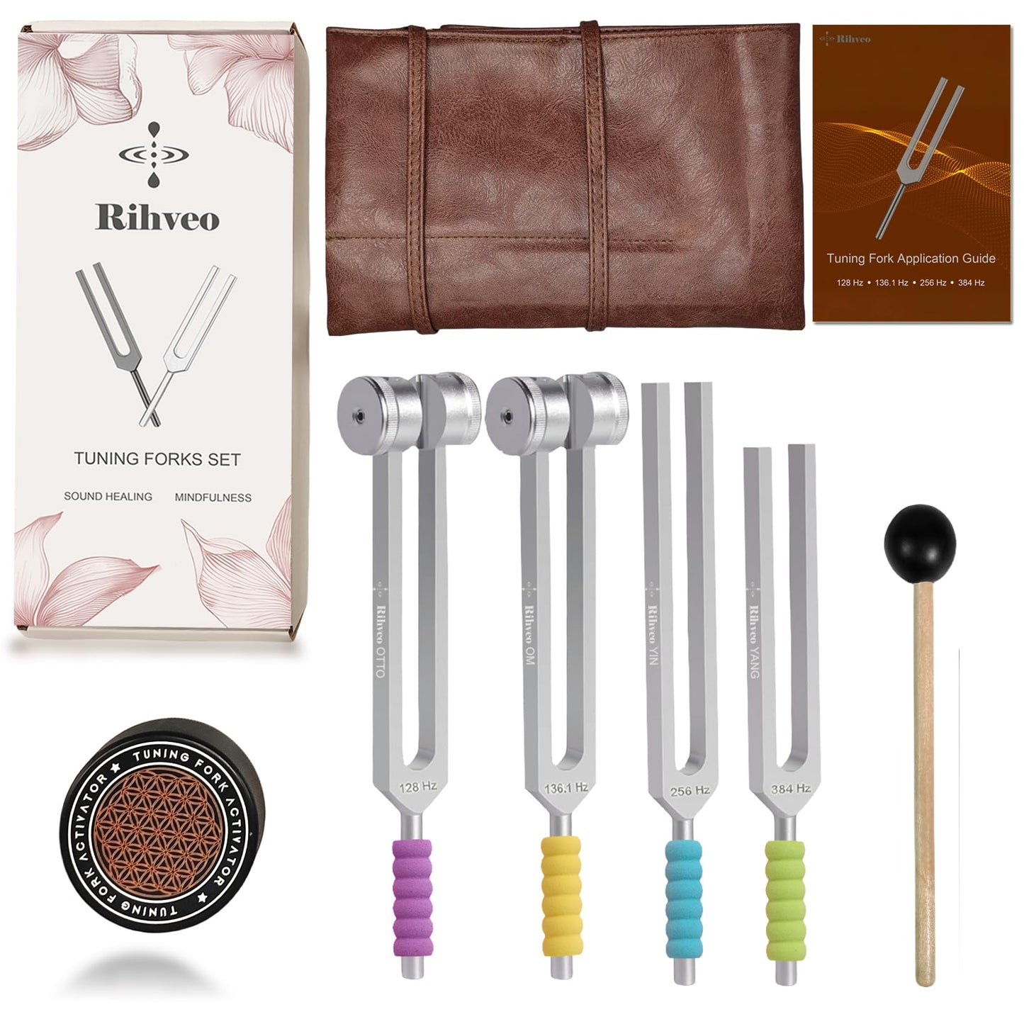 Tuning Forks for Healing Set (128Hz, 136.1Hz, 256Hz, 384Hz) with Activator & Reflex Hammer, Sound Therapy Instruments for Chakra/Yoga/Meditation, Frequency Healing Devices in Vegan Leather Pouch