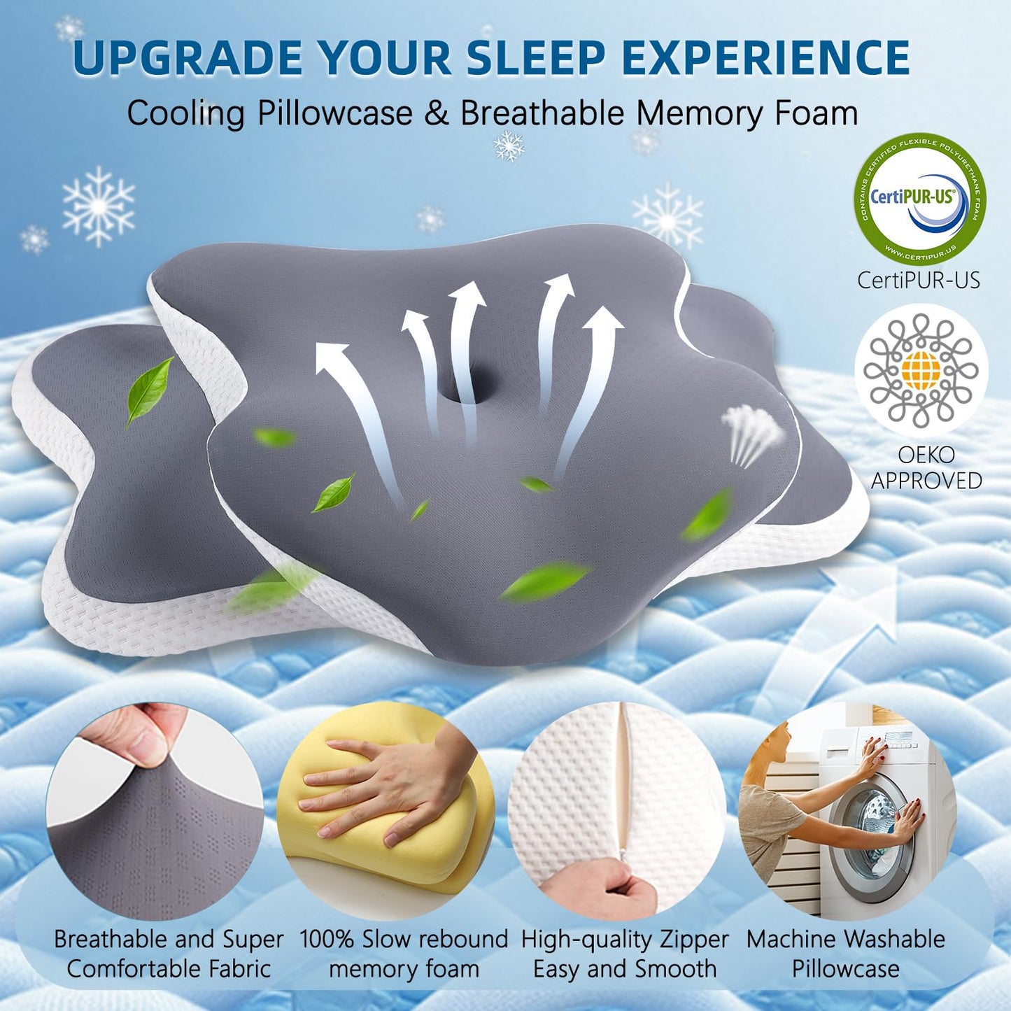 Cervical Neck Pillow, Memory Foam Pillows for Neck and Shoulder Pain Relief, Ergonomic Neck Support Pillow with Breathable Ice Silk Pillowcase, Contour Orthopedic Pillow for Side Back Stomach Sleeper