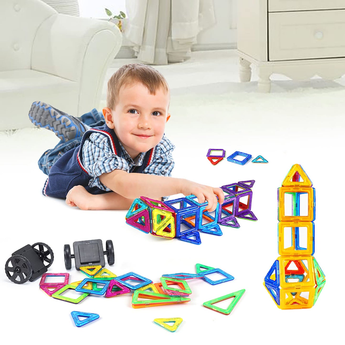 AMOSTING Magnetic Blocks Building Tiles Preschool Educational Construction Stacking Toys for 3 Years Old and Up Toddlers Boys & Girls with Ferris Wheel Stem Set & Car Wheels-100PCS