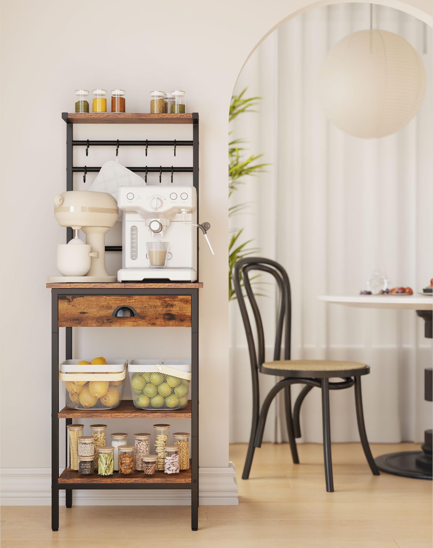 YMYNY Kitchen Shelf, Baker's Rack, Coffee Organiser, Coffee Bar, 5 Shelves, 8 Hooks, Fabric Drawers, Steel Frame, 43 x 33 x 134.5 cm, for Kitchen, Living Room, Vintage HBR009H