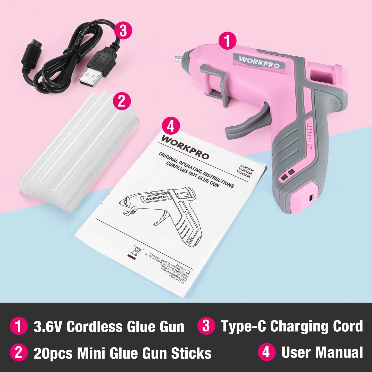 WORKPRO Cordless Hot Glue Gun, Fast Preheating, Smart Power-Off, and USB-C Rechargeable Glue Gun, Less-drip Hot Glue Gun Kit with 20 Pcs Premium Mini Glue Sticks for DIY, Crafting and Arts