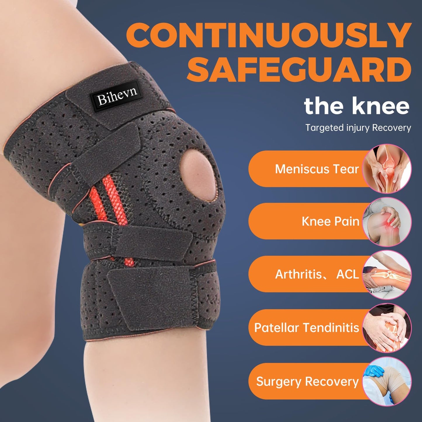 BIHEVN Knee Brace for Men Plus Size - Adjustable Support for Arthritis, ACL Meniscus Tear & Knee Pain Relief or Injury Recovery - Plus Dual Side Stabilizers (Man-Black, Size(19in-24.2in)(48-62cm))