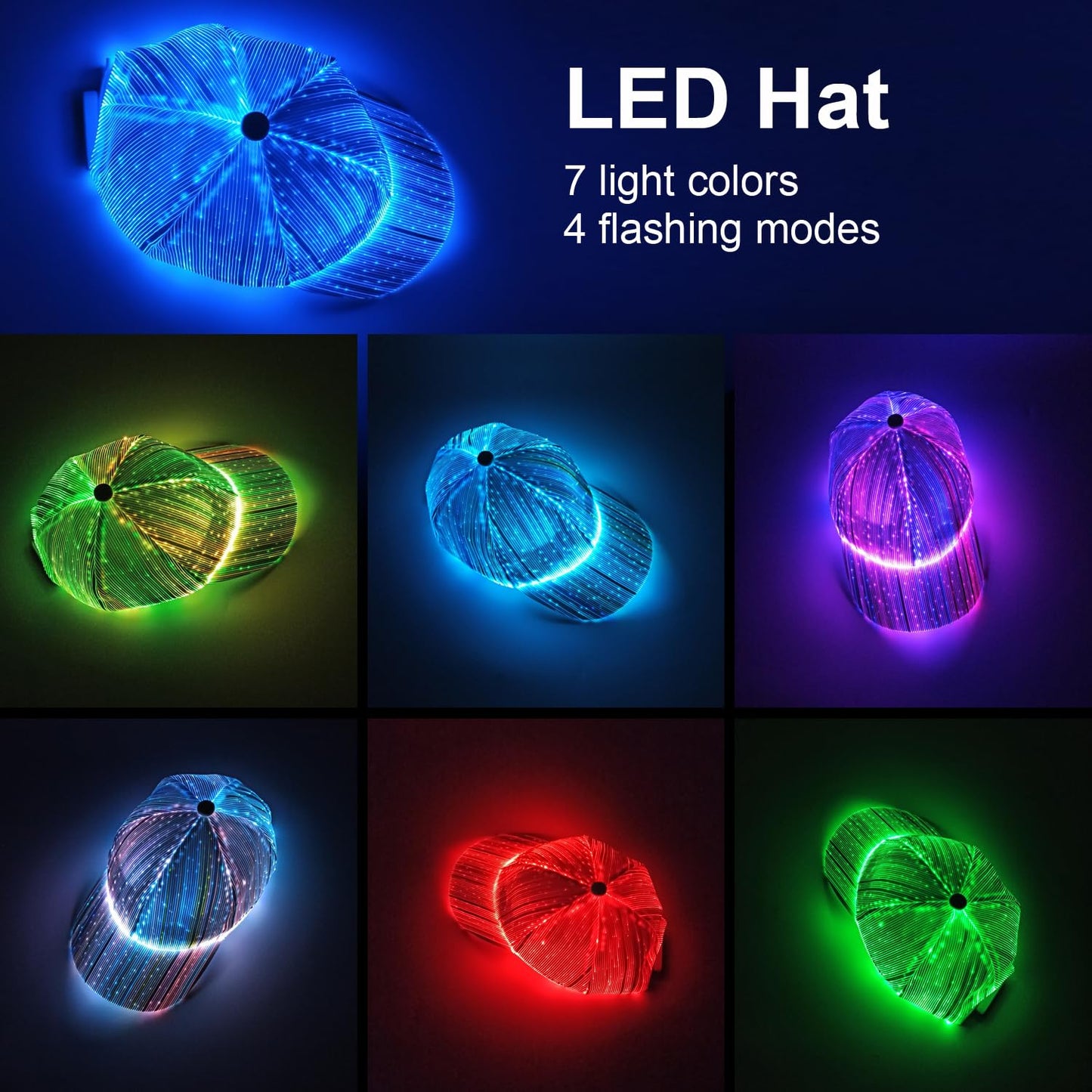 Ruconla Fiber Optic Cap LED hat with 7 Colors Luminous Glowing Hip hop Baseball Hats USB Charging Light up caps Christmas Cap