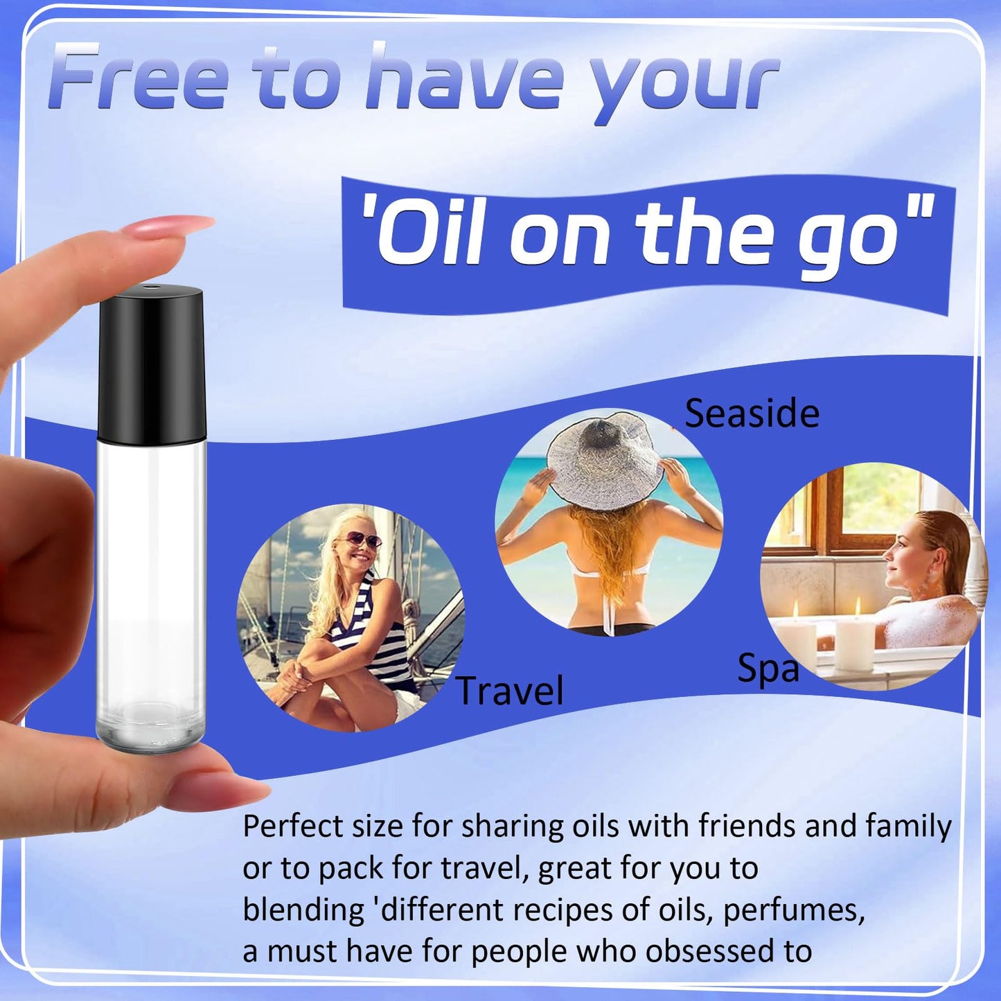 50 Pcs Essential Oil Roller Bottles, 10ml Empty Glass Roll on Bottle with Stainless Steel Applicator, Refillable Perfume Containers for Women Girls Travel, Wedding Baby Shower Party Gifts - Clear