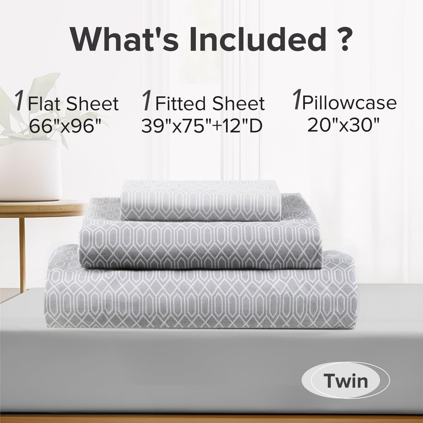 Comfort Spaces 100% Cotton Sheet Set Breathable, Lightweight, Soft with 12" Elastic Pocket Fits up to 14" Mattress, All Season Cozy Bedding, Matching Pillow Case, Twin Diamond Taupe 3 Piece