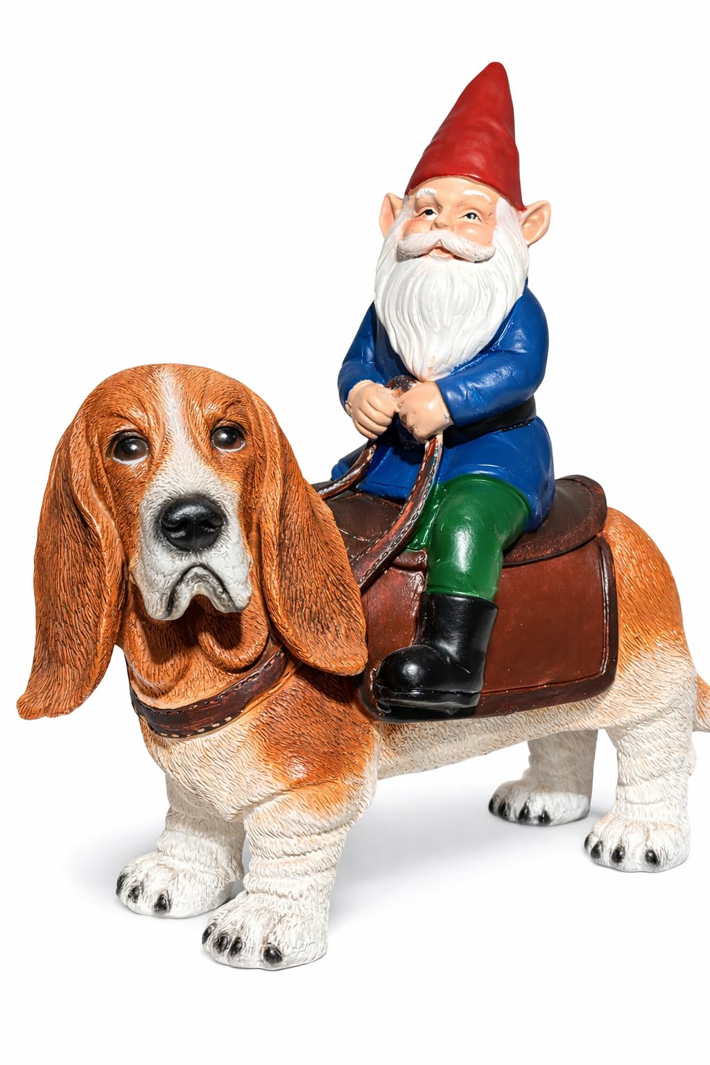 Funny Guy Mugs Gnome Riding A Basset Hound - Funny Garden Gnomes Gifts for Women - Garden Gnomes for Outdoors - Gifts for Dog Lovers - Indoor/Outdoor Garden Gnome Sculpture for Patio, Yard or Lawn