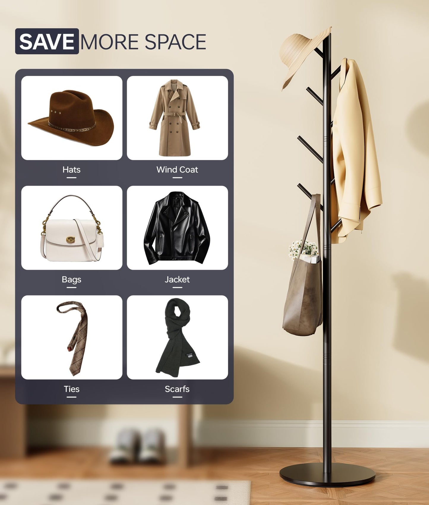 Coat Rack with 8 Hooks, Adjustable to 3 Heights, Modern Hall Tree, Sturdy Metal Coat Stand with Sintered Stone Base, for Entryway, Office or Bedroom, Ideal for Coats, Hats and Bags, Black