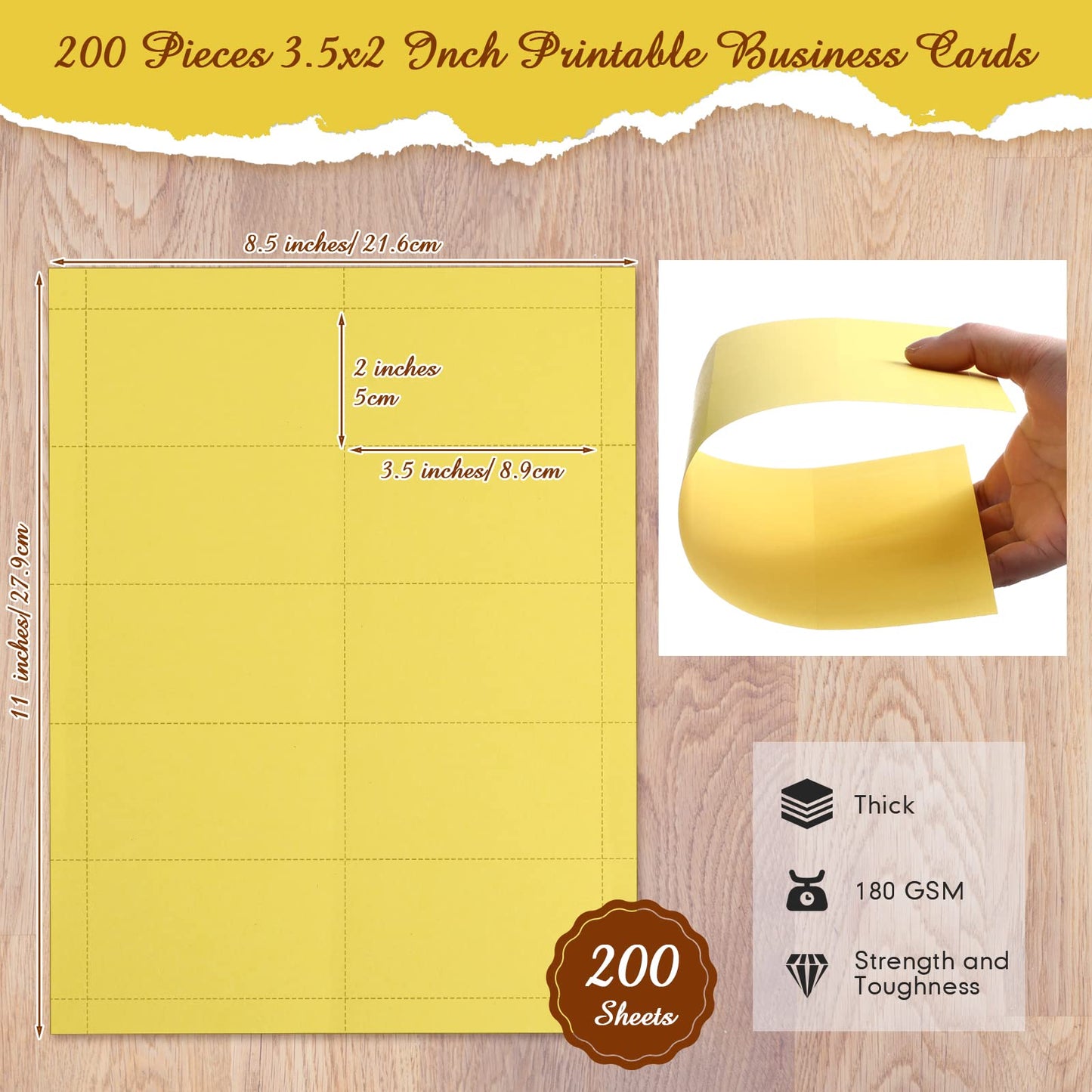 Fainne 2000 Pieces Blank Printable Business Cards Mini Note Index Perforated Card Stock Compatible with Laser and Inkjet Printer Double Sided Printing Paper 10 Cards/Sheet (Yellow)