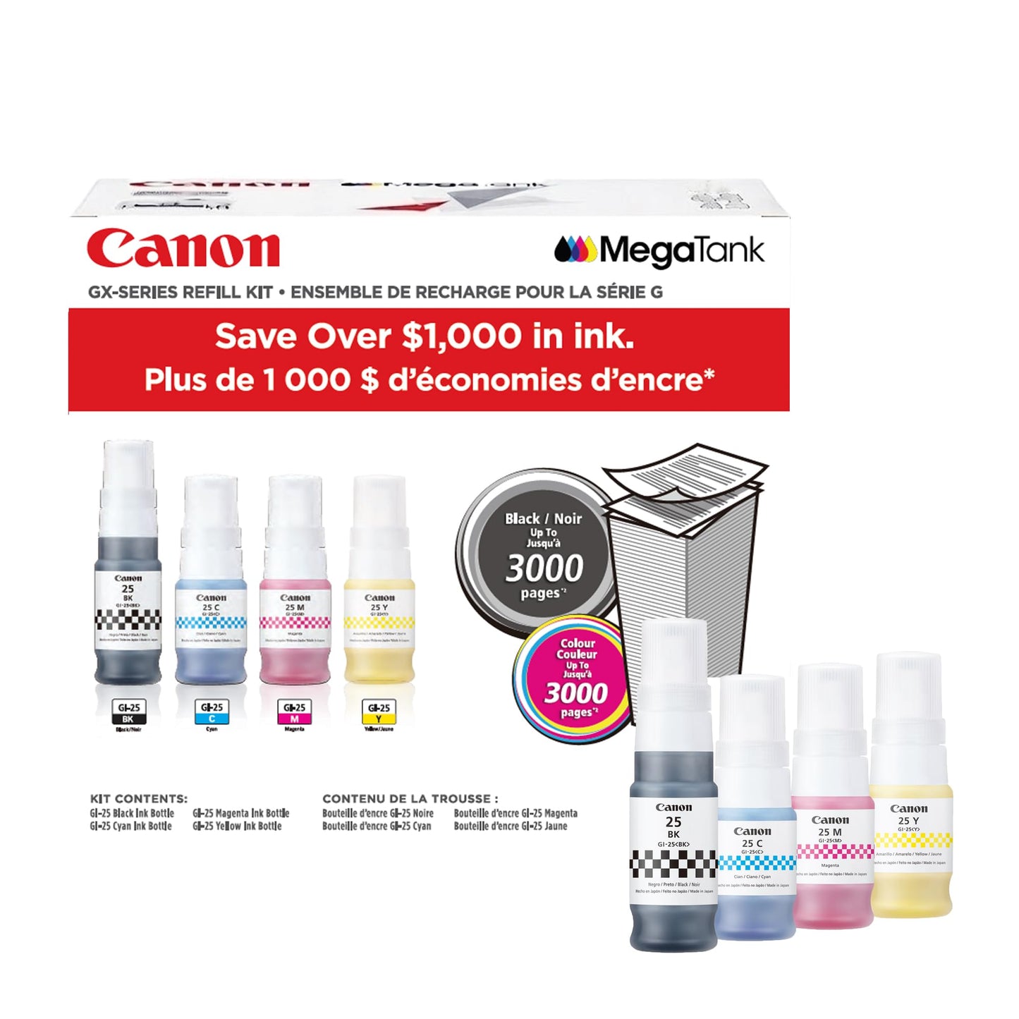 Canon Genuine Ink Cartridges GI-25 Series (Black, Cyan, Magenta & Yellow), Value Pack (4-Count), Original Canon Printer Ink for PIXMA GX2020 / GX1020 Printers