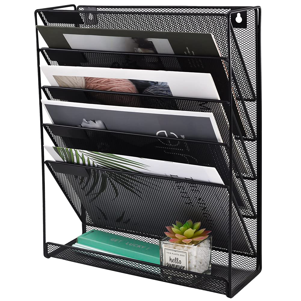 EASEPRES Mesh Hanging Wall File Holder Organizer Storage 6-Tier Black Paper Clipboard Rack Vertical Metal Wall Mounted Files Holder Organization for Office Home School, Black