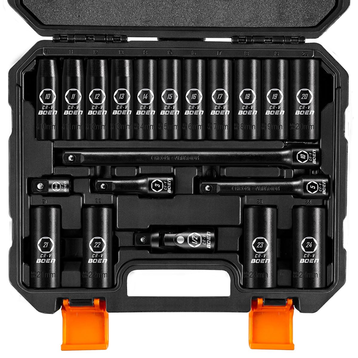 BOEN 1/2" Drive Metric Deep Impact Socket Set, 20 Piece Cr-V Steel Metric Socket Set 10mm-24mm, Includes Extension Bars, Universal Joint and Adapter, 6 Point Design, Meets ANSI Standards