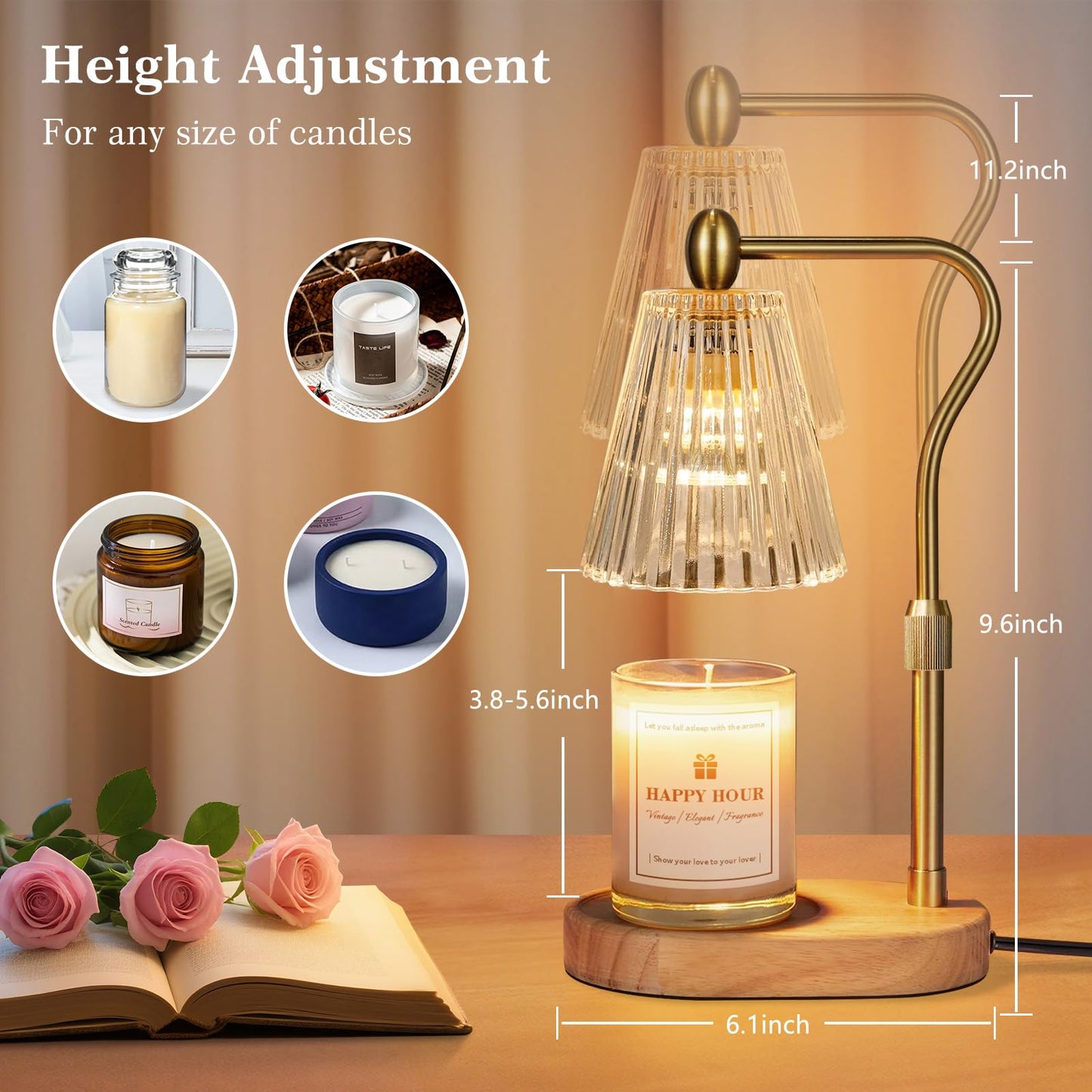 Imenlox Candle Warmer Lamp, with Timer and Dimmer, Adjustable Height, Christmas Birthday Gifts for Women Mom, House Warming Gifts New Home Decor, Wax Warmer for Jar Candles (Gold)