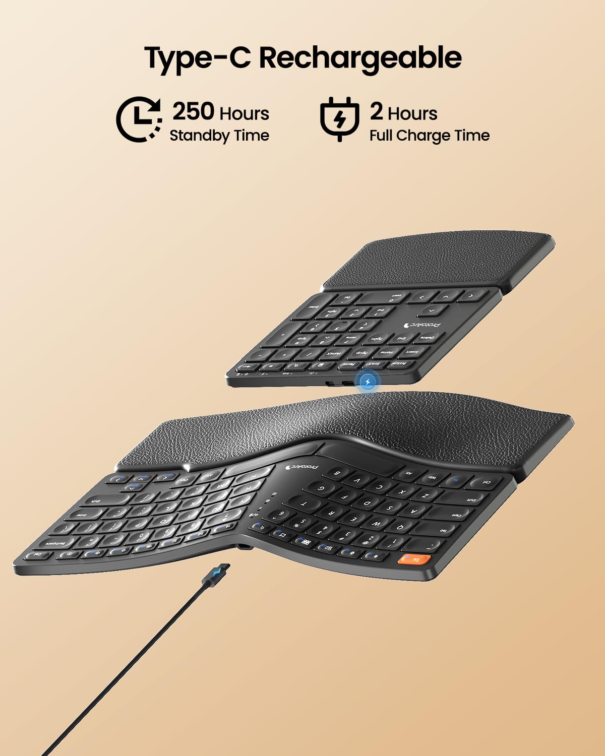 ProtoArc Wireless Ergonomic Keyboard, EK04 2.4GHz Wireless Ergo Keyboard with Separate Numeric Keypad, Split Design, Wrist Rest, Rechargeable, for Desktop, PC, Laptop