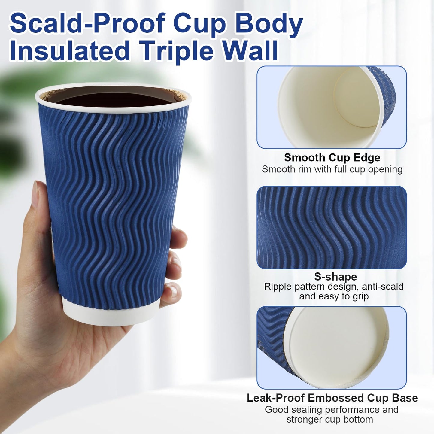 Coffee Cups, RAZCC 100 Pack 16 oz Disposable Insulated Paper Cups, Corrugated Kraft Ripple Wall Cup Suitable for Hot and Cold Drinks