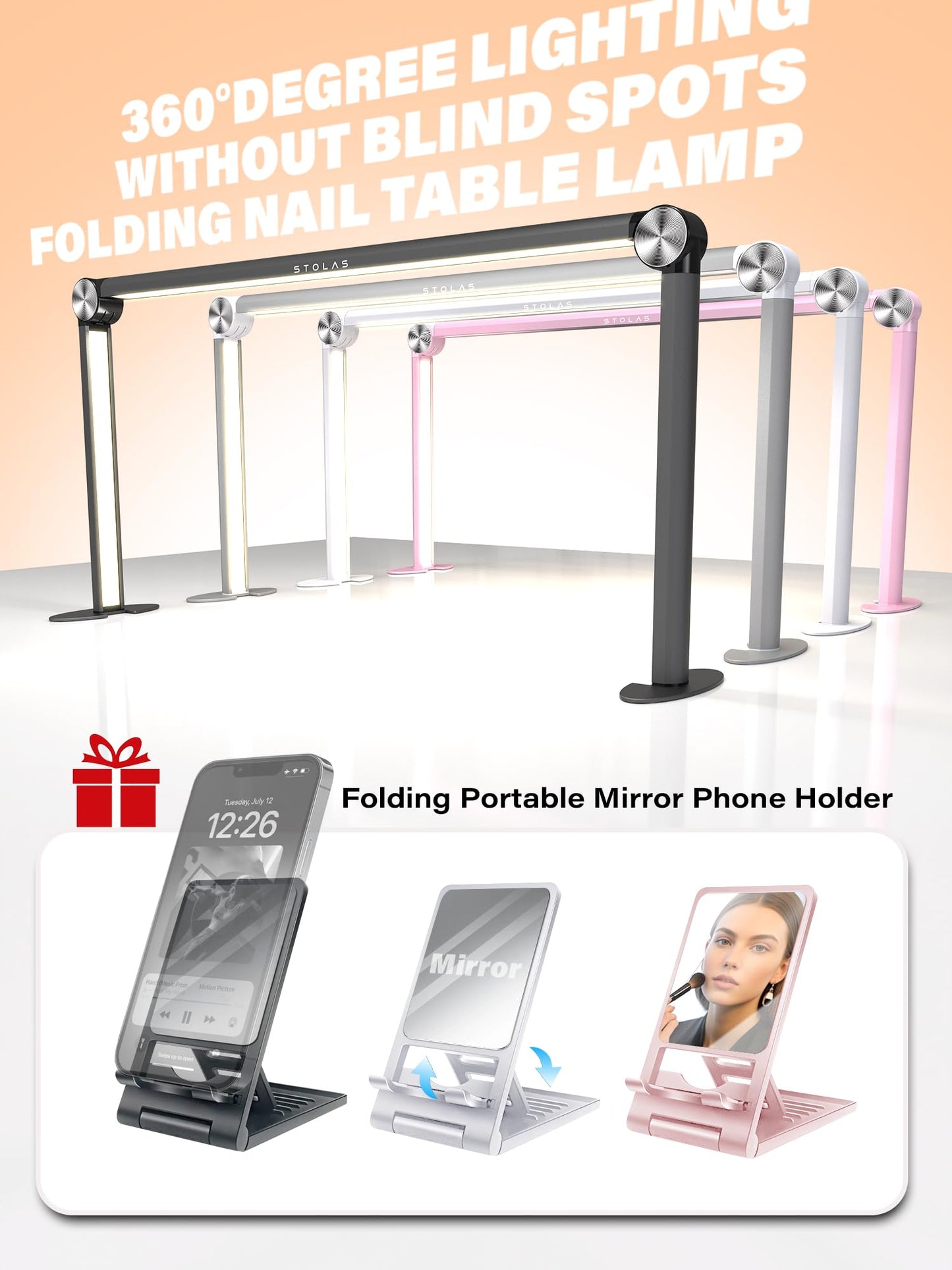 STOLAS Nail Lamp for Desk with Phone Holder, 14 inch Height 3 Modes 3000K-6000K Dimmable LED Light, Desk Lamp for Nail Tech (Pink)