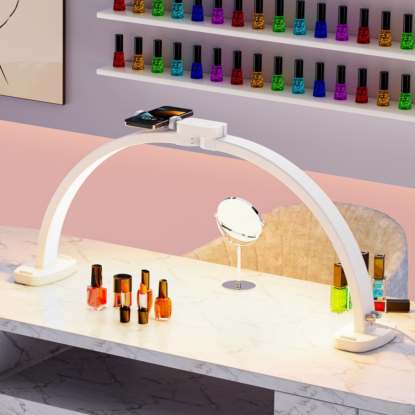 TideNaga Half Moon LED Light for Nail Tech, 31" Foldable Half Moon Nail Desk Lamp with Phone Stand Perfect for Beginner, Color Temperature/Brightness Stepless Adjustment Arch Tech Light (White)