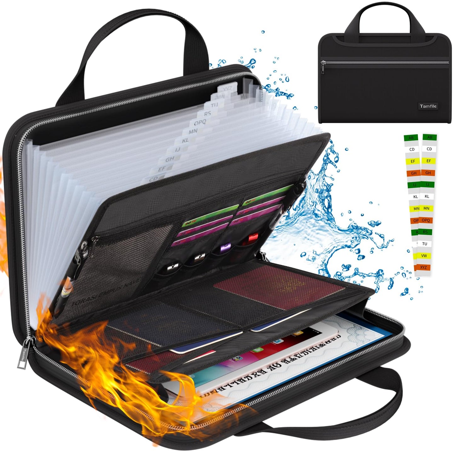Tamfile Fireproof Accordion File Organizer with Handle, 13 Pocket Expanding File Folder with Zipper & Labels, File Folder with Multi-Pockets Paper Organizer Folder for Letter A4 Files