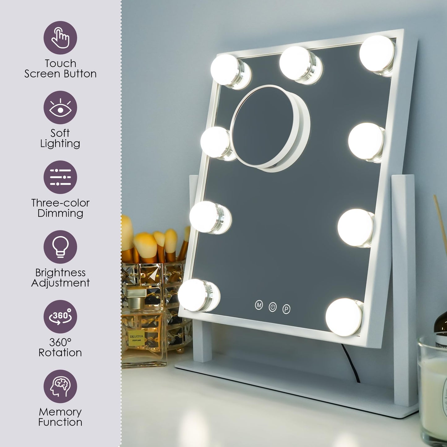 Sucedey Makeup Mirror with Lights, 14x12 '' Lighted Vanity Mirror with 9 Bulbs, 3 Color Mode and Dimming, Touch Control, Detachable 10X Zoom Mirror, 360° Rotation, Sleek Metal Frame -White