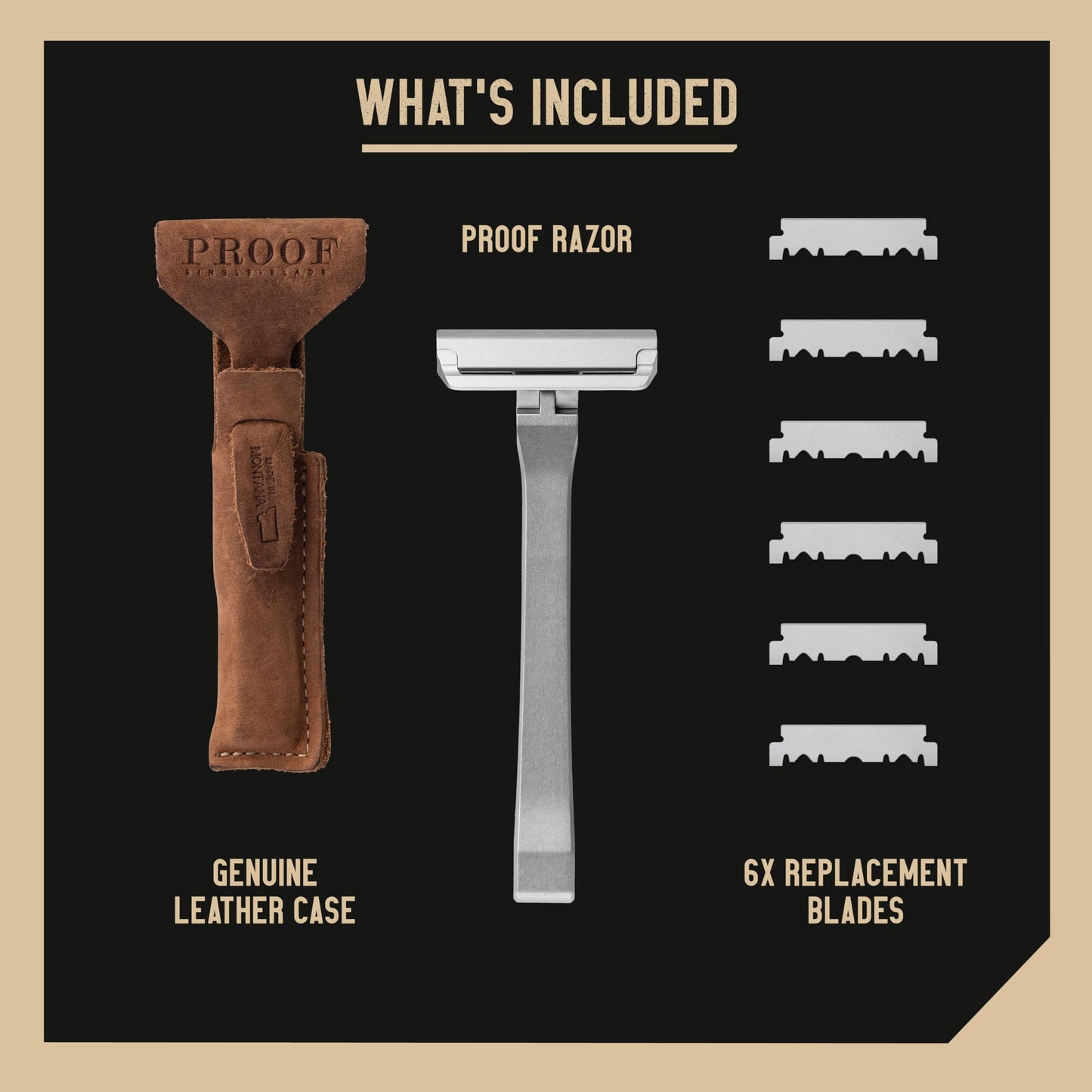 Proof Single Blade Razor for Men Pivoting Head Made in USA - CNC Machined Aluminum Easy Blade Replacement - Includes Genuine Leather Travel Case and Safety Razor Blades